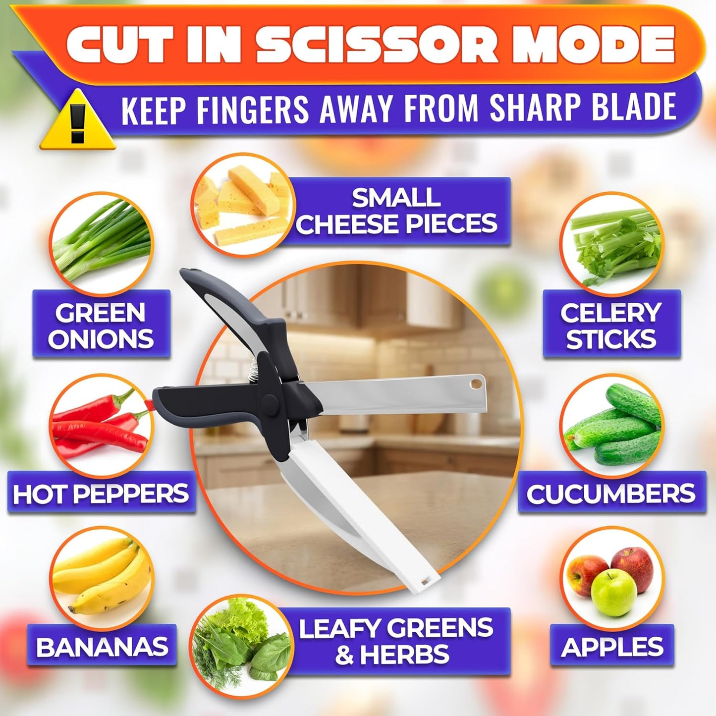 2 in 1 Kitchen Scissors for Food – Stainless Steel Blade & Plastic Cutting Board Scissors with Safety Lock | 9.5" Tomato Knife, Fruit & Vegetable Cutter – Easy-to-Use Kitchen Shears for Meat, Cheese