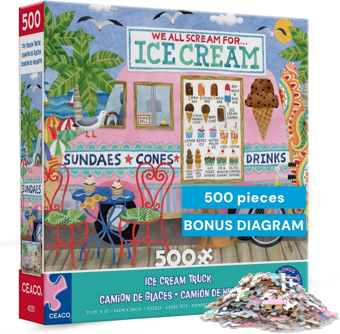 Ceaco- Food Trucks - Ice Cream Truck II - 500 Piece Jigsaw Puzzle for Adults and Families - Colorful Summer Beach Scene with Ice Cream Stand - Finished Size 19 x 19 - Made in The USA