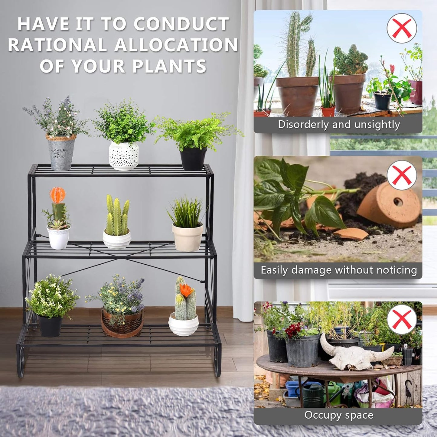 Giantex Tiered Plant Stand Outdoor, 3 Tier Metal Plant Stands for Multiple Plants w/ Curved Legs, Garden Shelf Flower Pot Holder Storage Organizer Rack for Indoor Outdoor Garden Balcony Porch