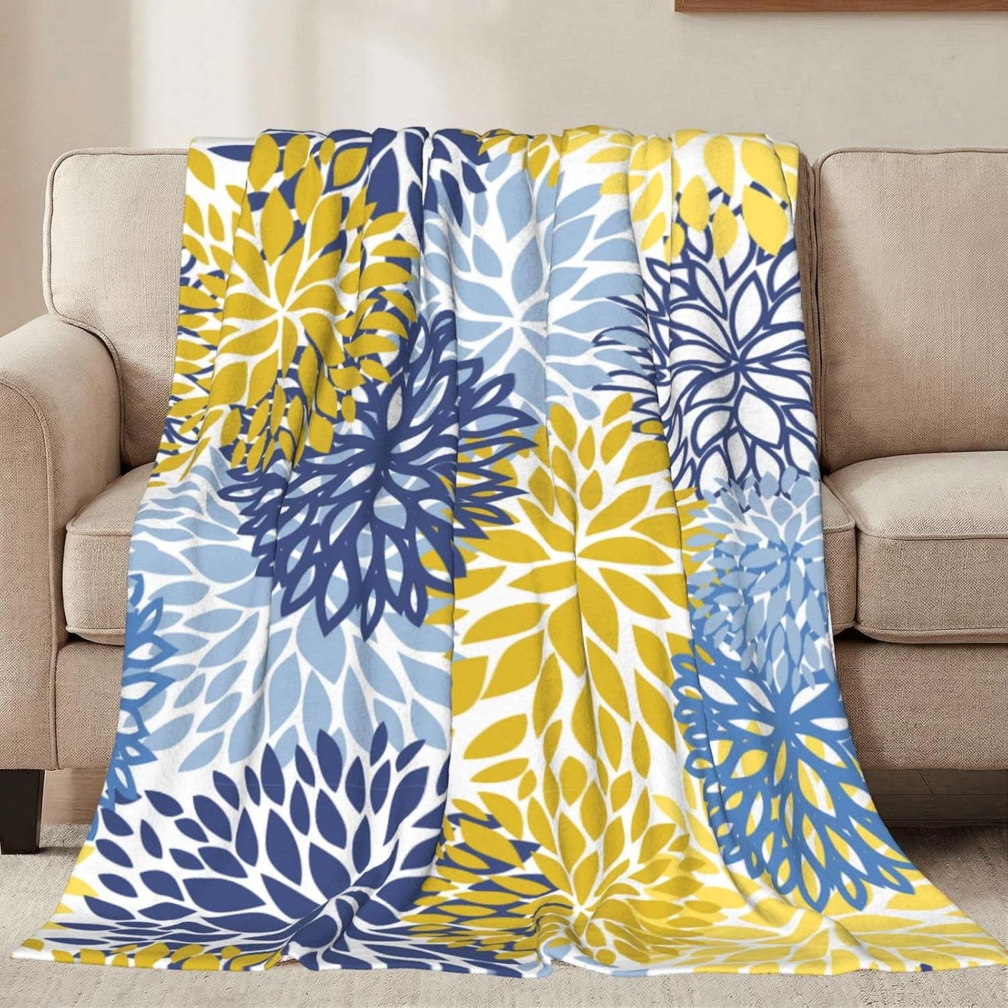 Blue Yellow and Navy Chrysanthemum Flowers Throw Blankets All Season Ultra Soft Warm Daisy Floral Fleece Blanket for Home Bed Sofa Couch Chair Outdoor Travel Camping 40x30 Inch