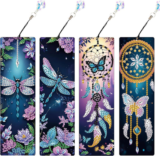 4 Pack Diamond Painting Bookmarks, 5D Dreamcatcher Butterfly Dragonfly Diamond Art Bookmark Kit with Tassels, DIY Beaded Rhinestone Book Mark Craft for Adults Beginners Reading Gift