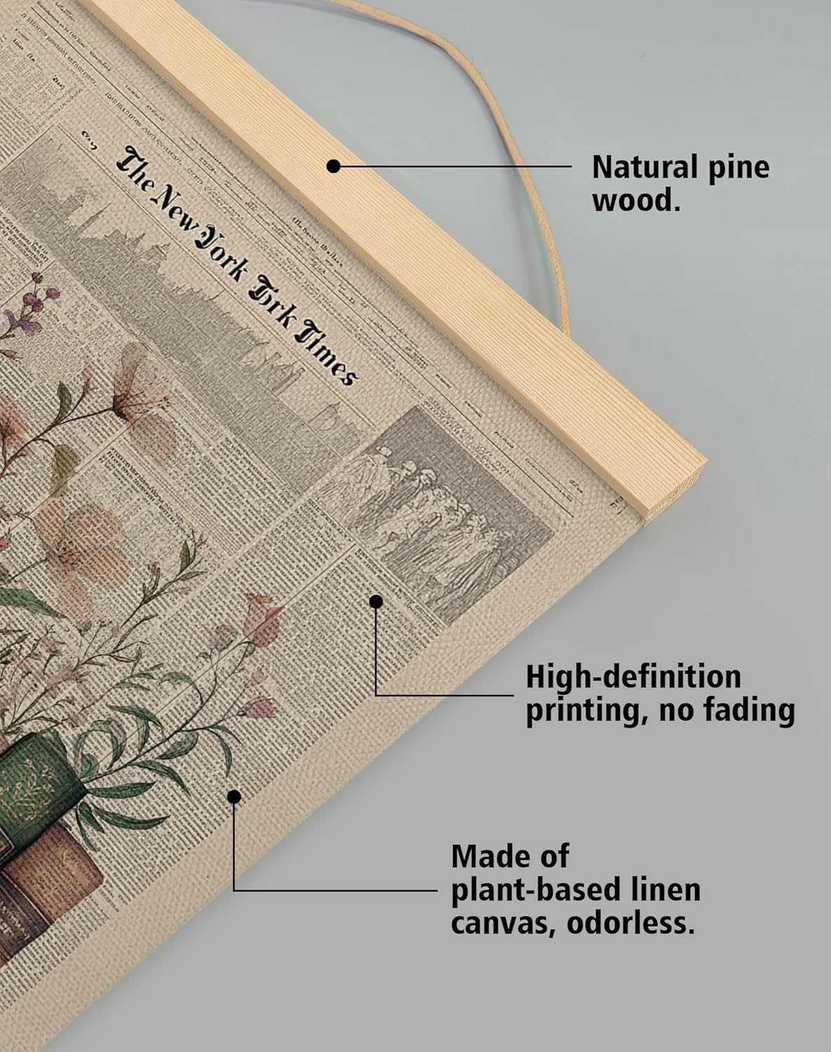 Vintage Book and Newspaper Posters, Retro Floral Wall Art with Wooden Hanger, Reading Corner Decor for Reading Nook, Bookish, Library,Book nook decor 14x18.5inch (BK013)