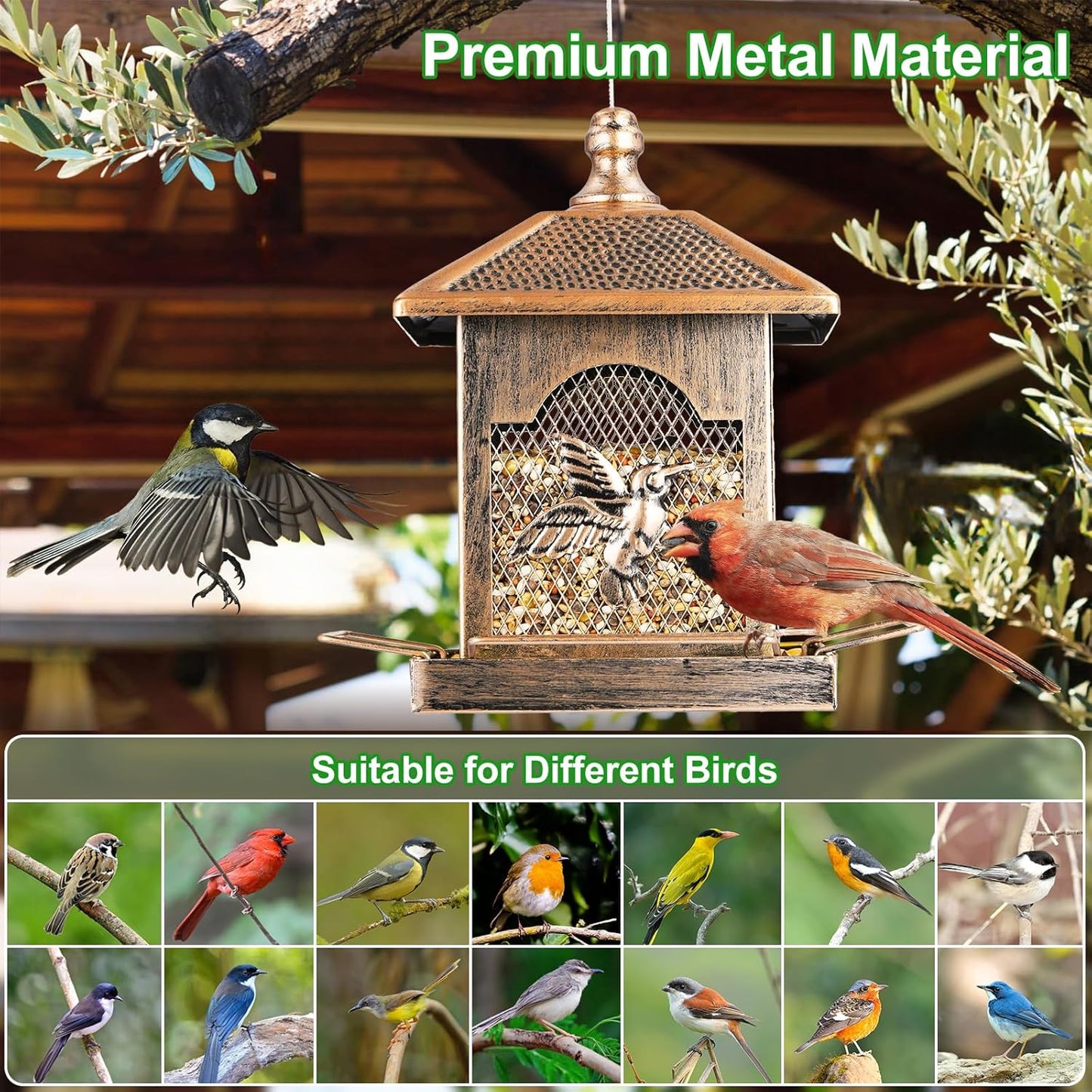 LBTING Bird Feeder for Outside, Metal Square Lantern-Shaped Bird Feeder with Polka Dot Patterned Roof, Wild Bird Feeders for Hanging Outdoor Garden Yard