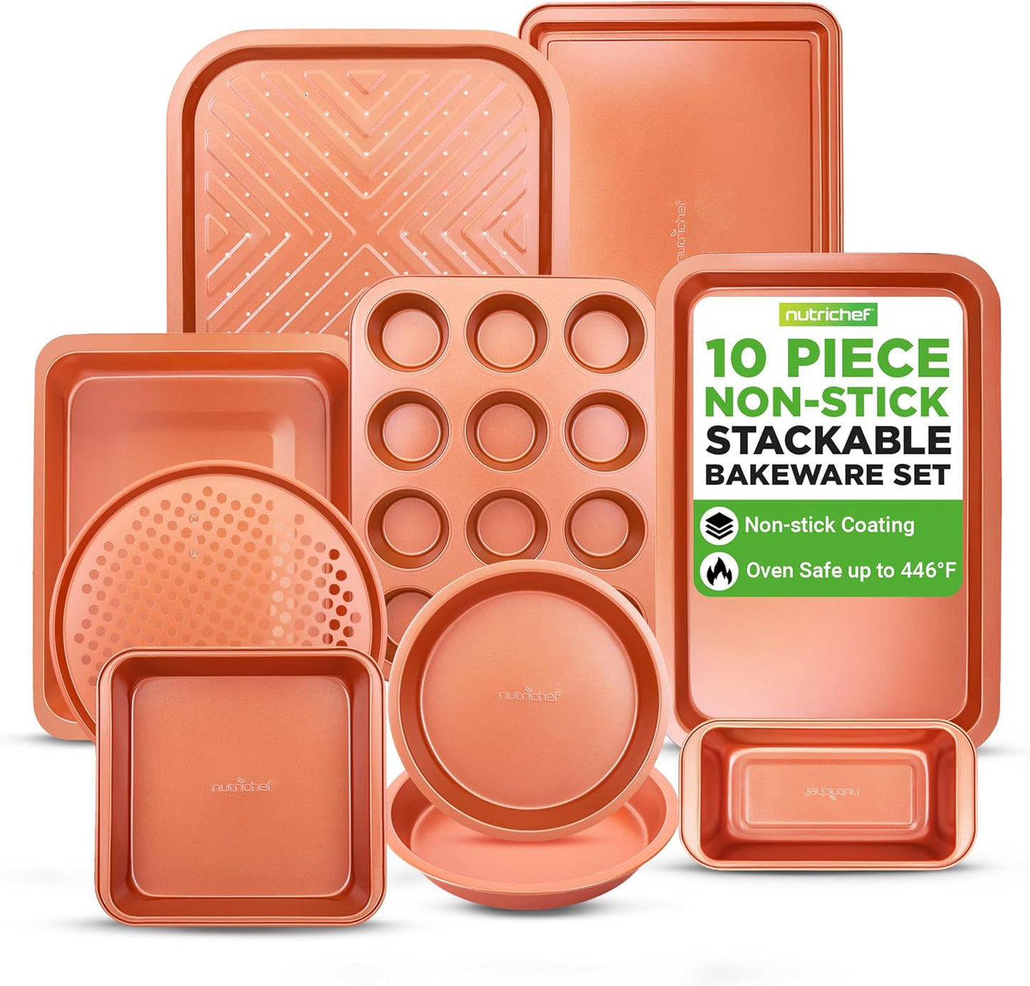 NutriChef 10-Piece Oven Baking Pans Set - Deluxe Carbon Steel Bakeware Set with Non-stick Gray Coating Inside and Out, Dishwasher Safe & PFOA, PFOS, PTFE Free