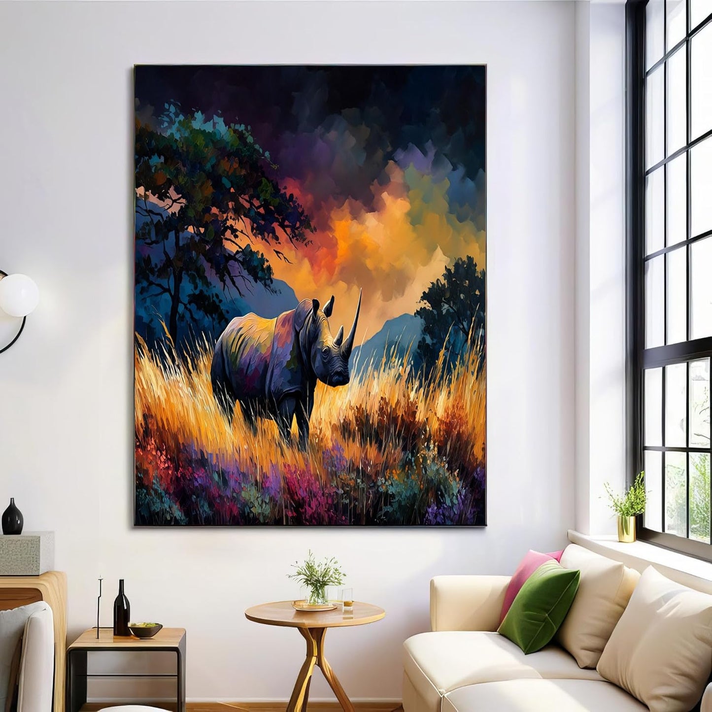 GDJSMIN Sunset Grassland Scene Wall Art, Majestic Animal Rhino Poster for Reading Room Living Room Decor 24 x 36 inch Unframed