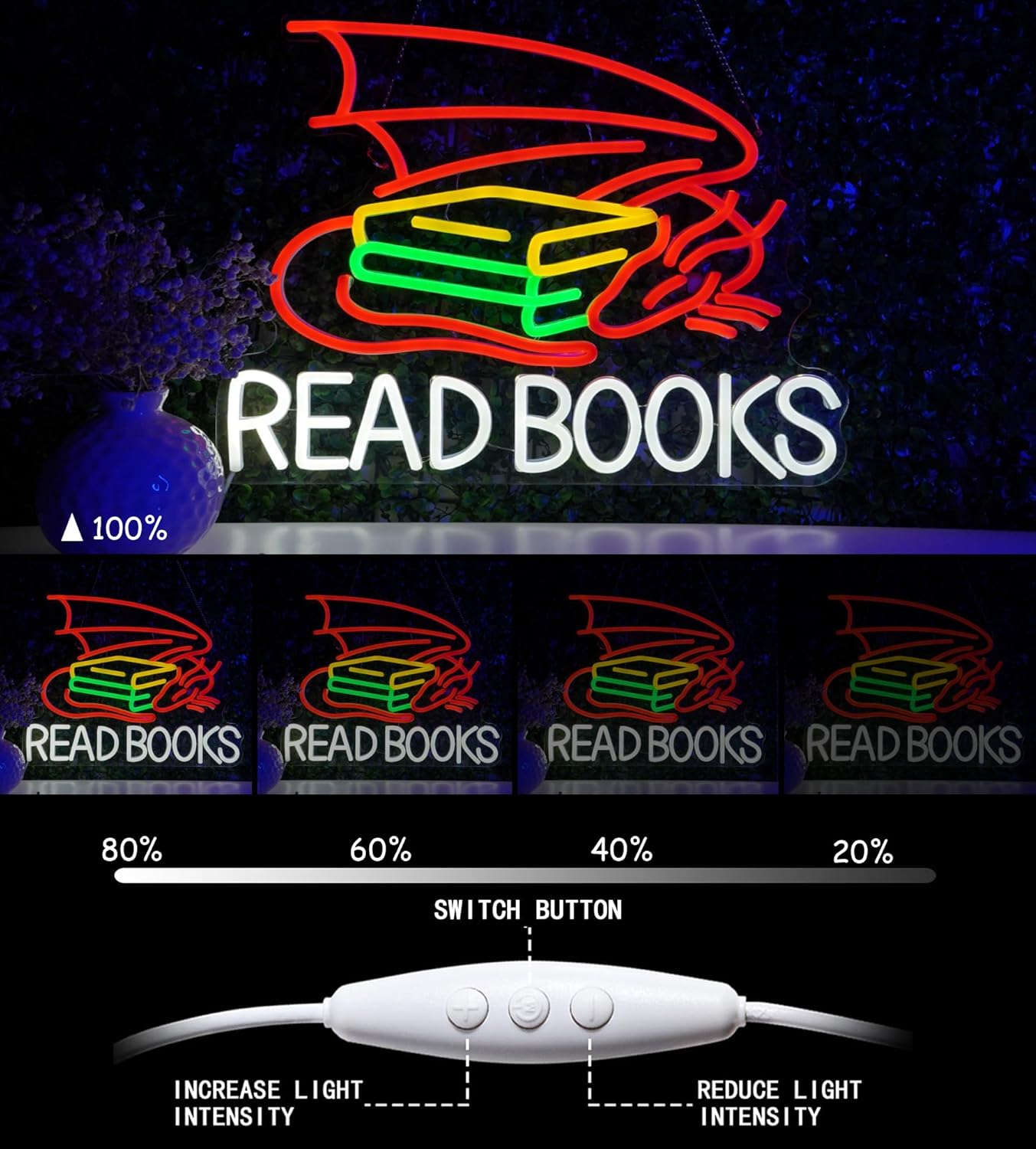 Dragon Read Books Neon Sign Led Light, Neon Wall Sign For Bedroom, Reading Room, Study Space, Library, Bookstore Decoration Gift For Men Women Kids Book Lovers
