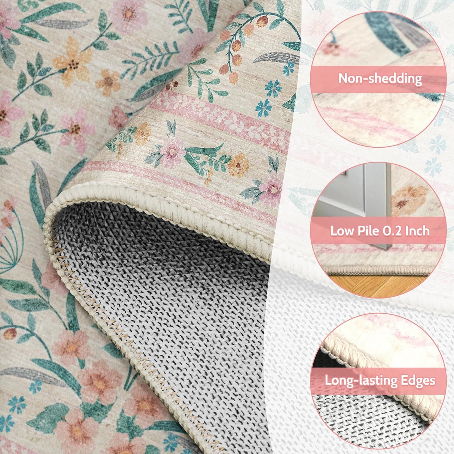 7x9 Area Rug Living Room Rugs,Pink Boho Floral Rug Washable Non-Slip Carpet for Girls Bedroom, Low Pile Soft Rug for Under Table or Bed, Aesthetic Home Décor