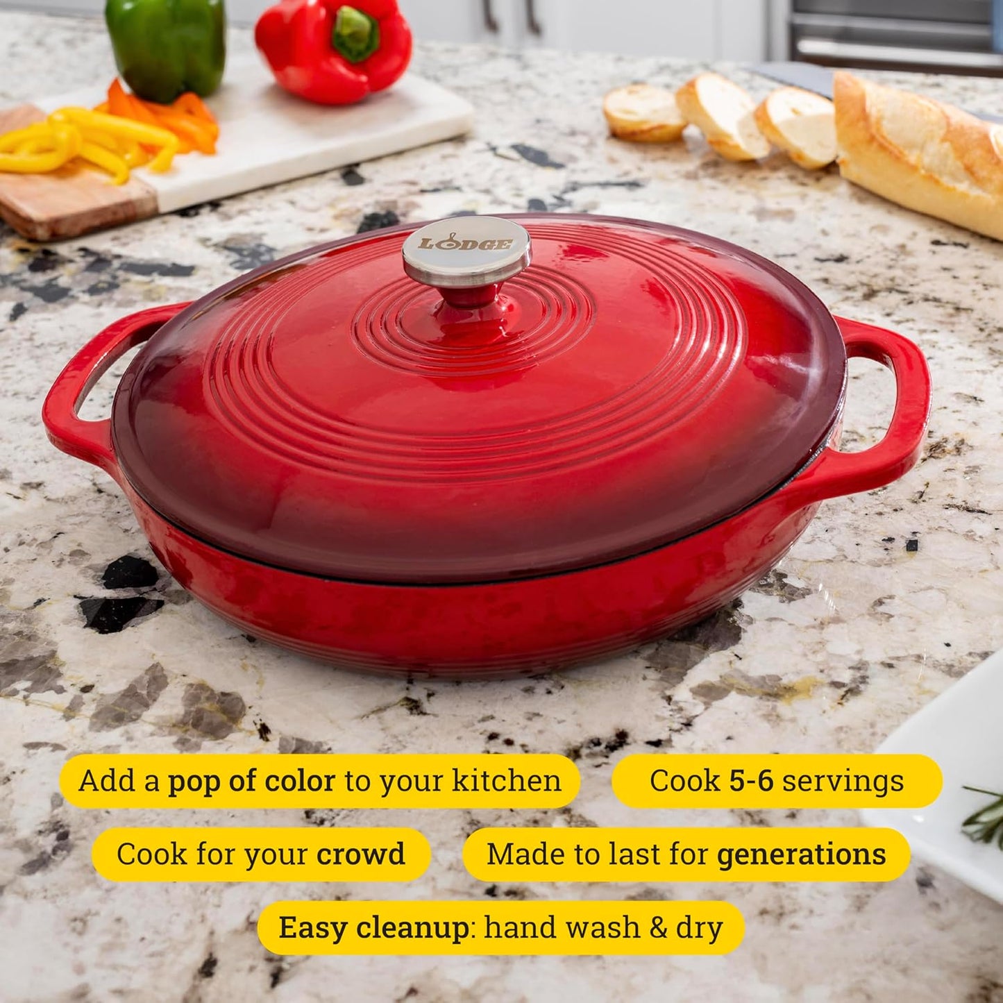 Lodge Essential Enamel Braiser - Refrigerator- & Oven-Safe up to 500° F - Heat-Retaining, Induction-Safe & PFAS-Free Enamel Cookware - 3.5 Quart, Island Spice Red