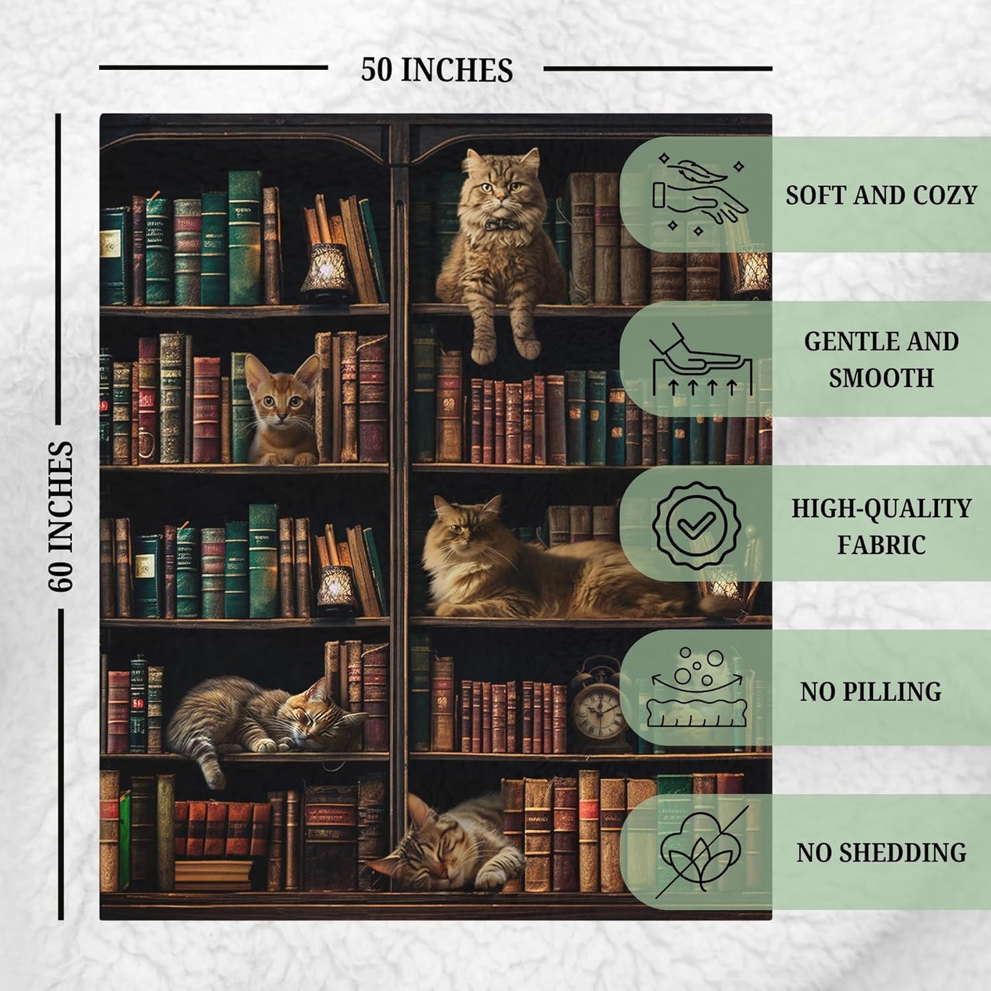 Cozy Book Blanket 50x60, Reading Throw for Readers, Book Lovers Gifts for Women, Reader Gifts, Bookish Present, Librarian Gift, Bookworm Idea, Couch Bed Decor, Vintage Library Bookshelf Cats Print