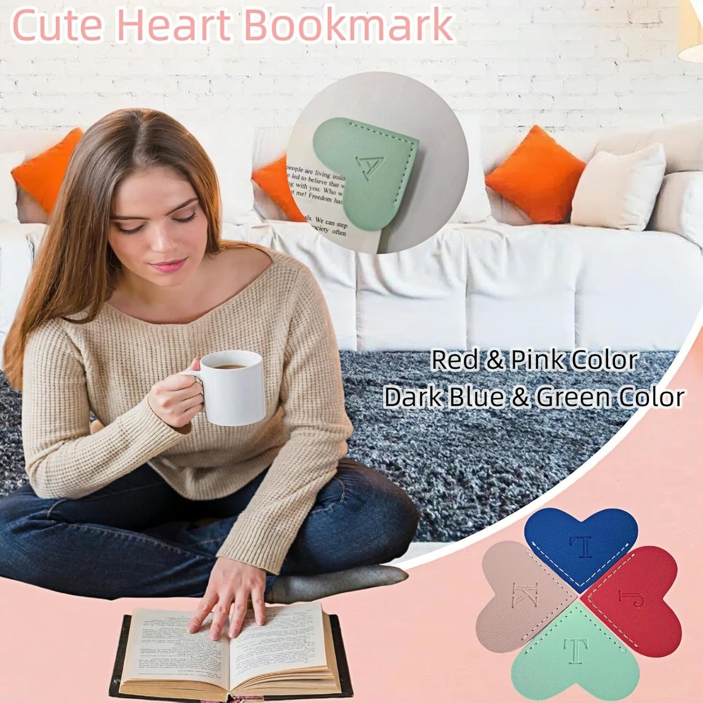 Personalized Leather Heart Bookmarks with Initials, 26 Letters Custom Corner Book Mark for Reading Women,Teacher, Student, Book Lovers Book Marker, Meaningful Gifts (Red+Pink,A)