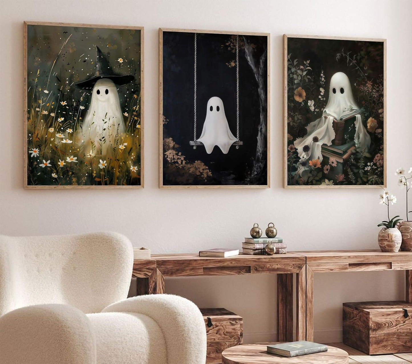 RERNIE et of 3 Ghost Wall Art Witch Poster Halloween Bathroom Decor, Gothic Dark Academia Canvas Wall Art, Funny Bathroom Pictures, Spooky Horror Home Decor 12x16 Inch Unframed