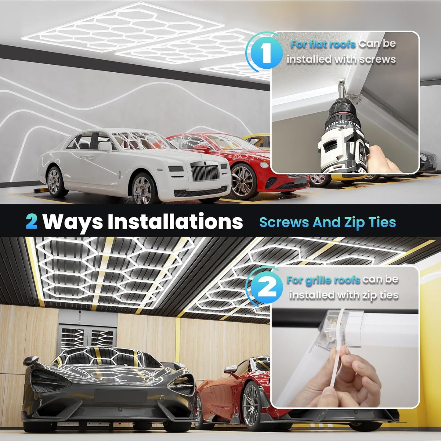 Ultra Bright Hexagon Garage Lights.720W 86400LM 6500K Hexagon LED Light Garages with Rectangle Frame.14 Grid Honeycomb Hex Led Lights System for Garage,Car Detailing Shop, Basement,Warehouse