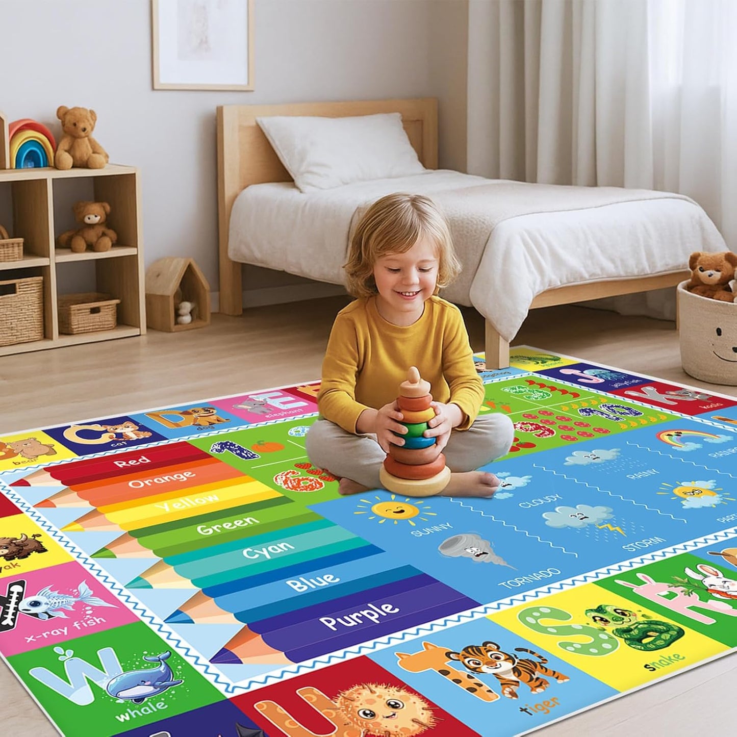 Baby Play Mat, ABC Rug for Kids Playroom, Non Slip Washable Toddler Floor Mat, Alphabet Numbers Colors Weather Learning Classroom Rug for Nursery or Preschool, 5x7 ft