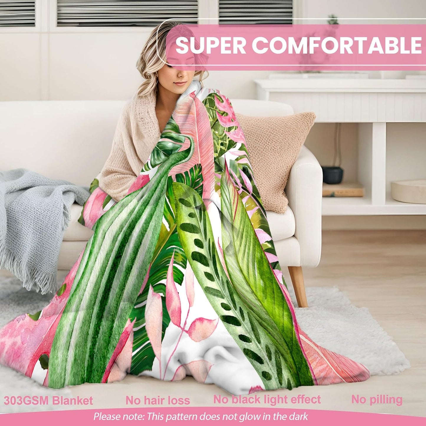 Pink and Green Tropical Palm Leaf Throw Blanket Monstera Leaves Jungle Plant Flannel Blankets for Couch Bed Living Room Sofa, Decorative Patterned Super Soft Cozy, 50x60 in