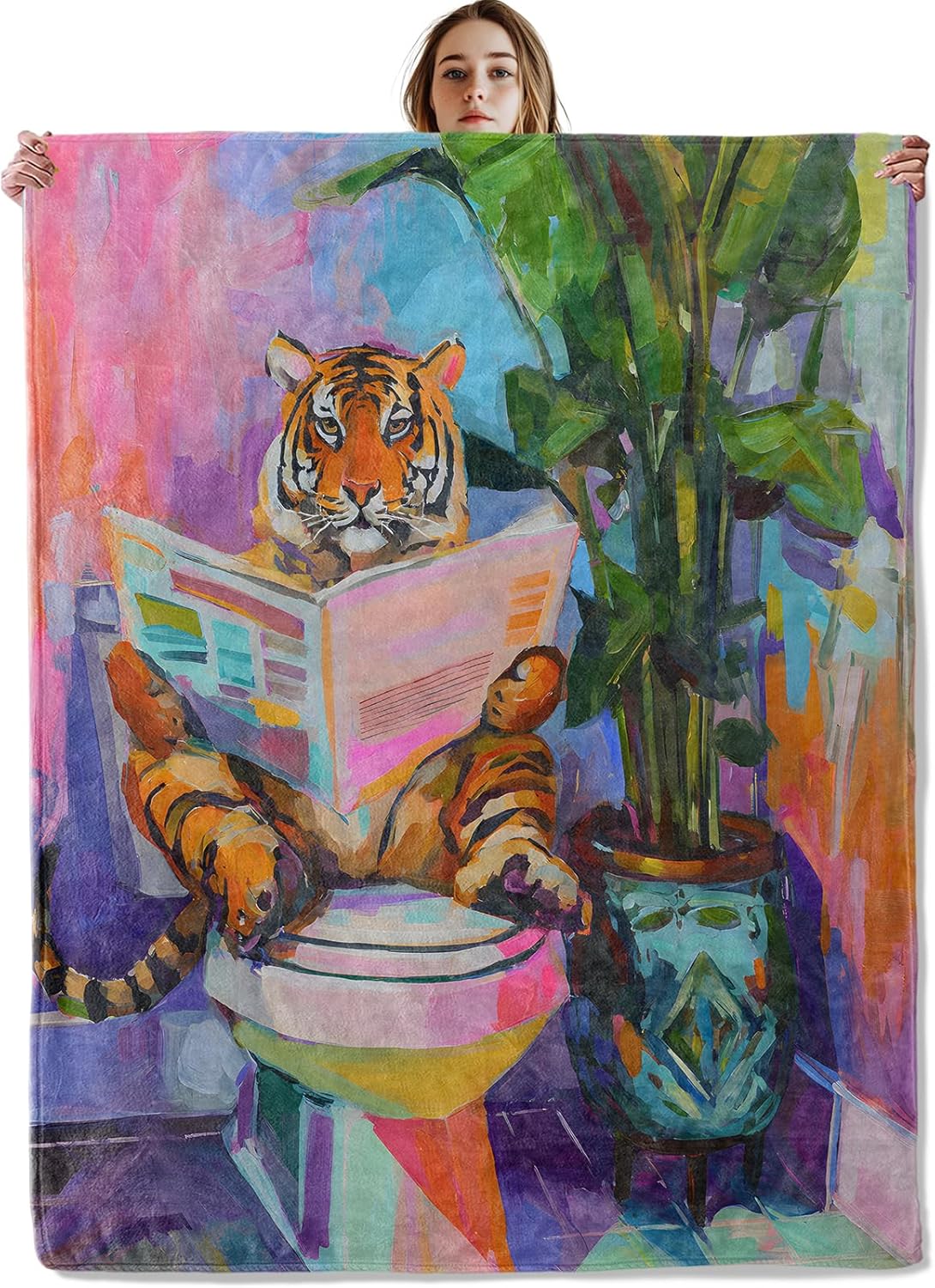 Funny Tiger Blanket, Soft Cozy Lightweight Colorful Tiger Reading Newspaper on Toilet Throw Blanket for Women Men Teens Kids, Sofa Couch Bed 50x60 Inch Flannel Blankets for Travel Decor Gifts