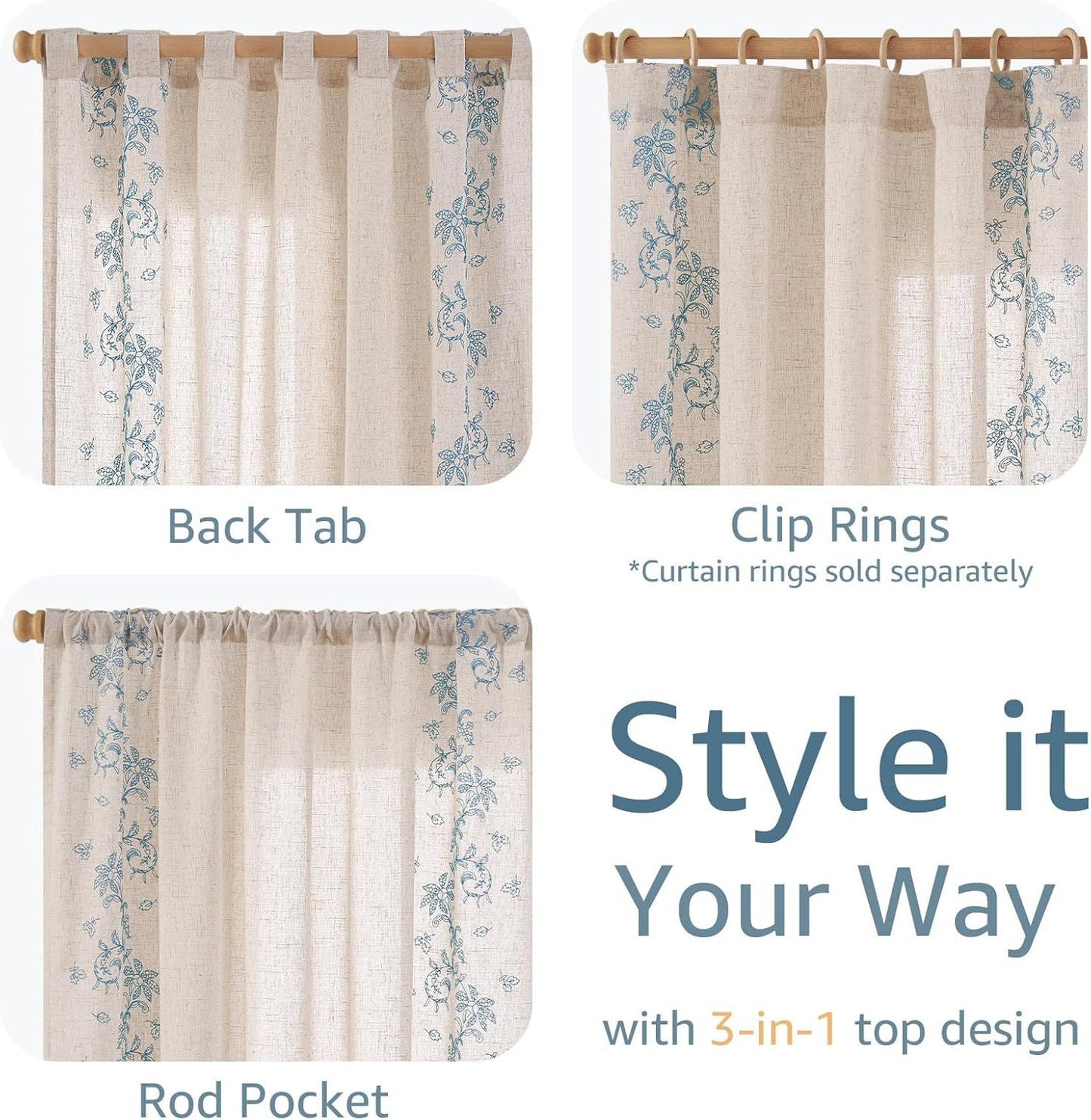 jinchan Evelyn Embroidered Linen Curtains 84 inch Long 2 Panels Blue Curtains for Living Room Bedroom Farmhouse Cottage Core Semi Sheer Light Filtering Floral Window Drapes Rod Pocket Back Tab