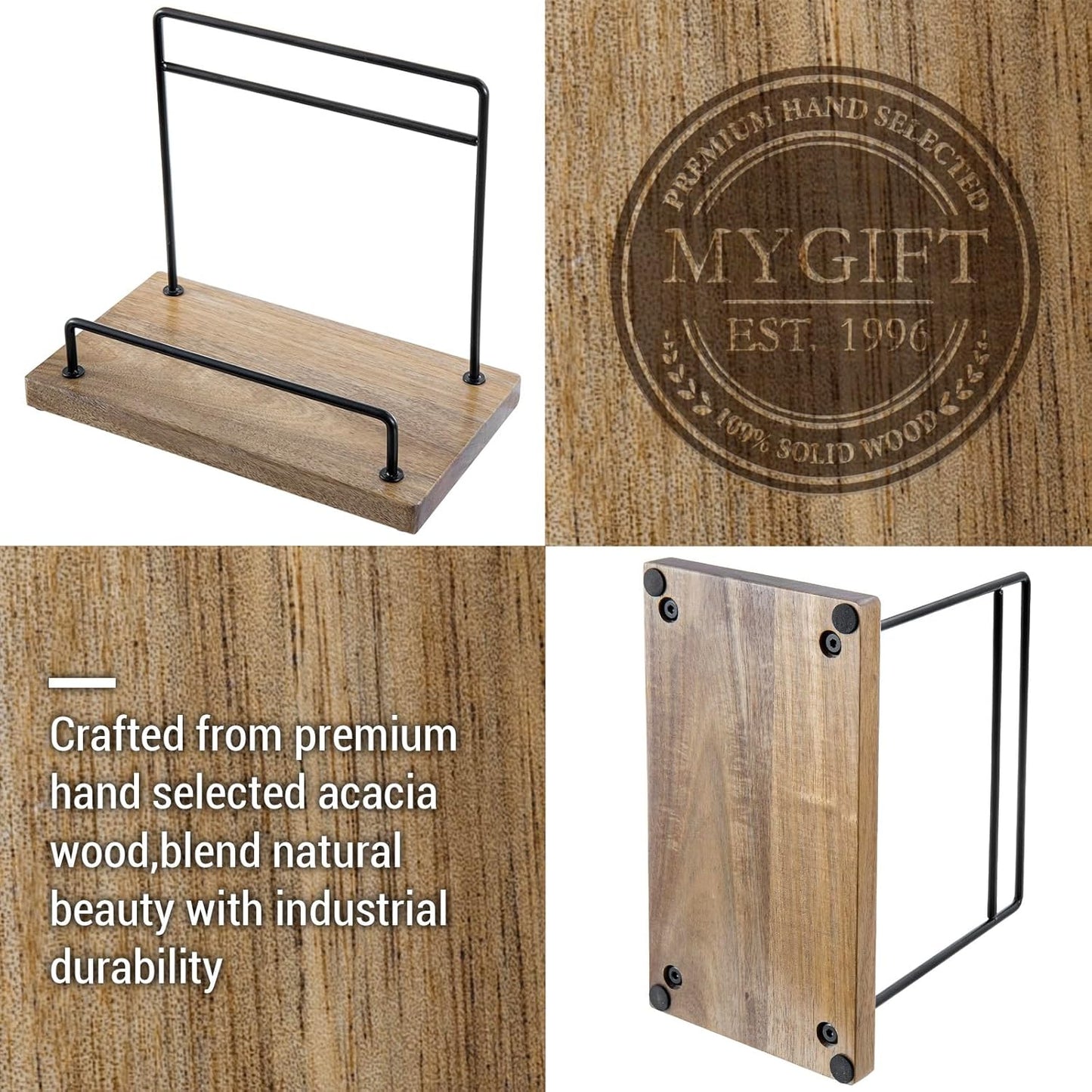 MyGift Premium Acacia Wood and Matte Black Metal Cookbook Stand – Rustic Kitchen Countertop Book Holder Rack for Recipes, Tablets, Cutting Boards