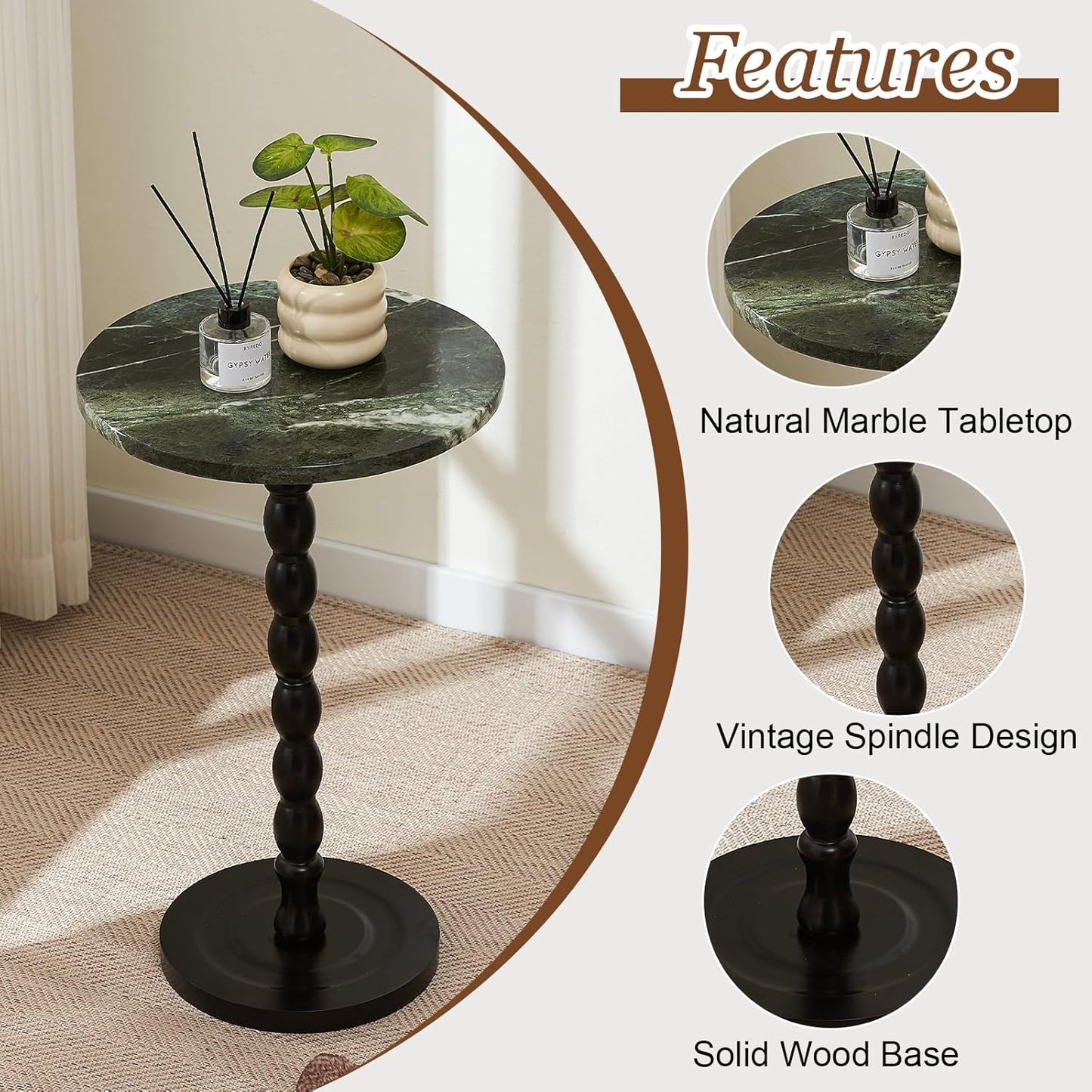 Round End Table, Modern Accent Table with Base, Marble Top & Solid Wood Legs for Living Room, Bedroom, Office (Pink,Big