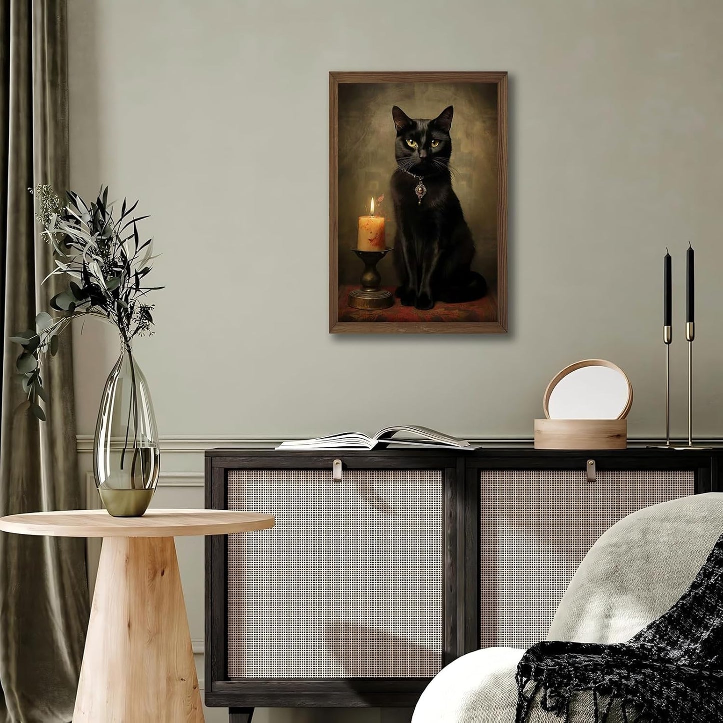 Framed Black Cat Wall Art with Dark Wood Frame – 12x16 Inch Gothic Vintage Cat Canvas Print – Witchcore Witch Aesthetic Painting for Bedroom, Living Room – Dark Academia Decor Poster for Cat Lovers