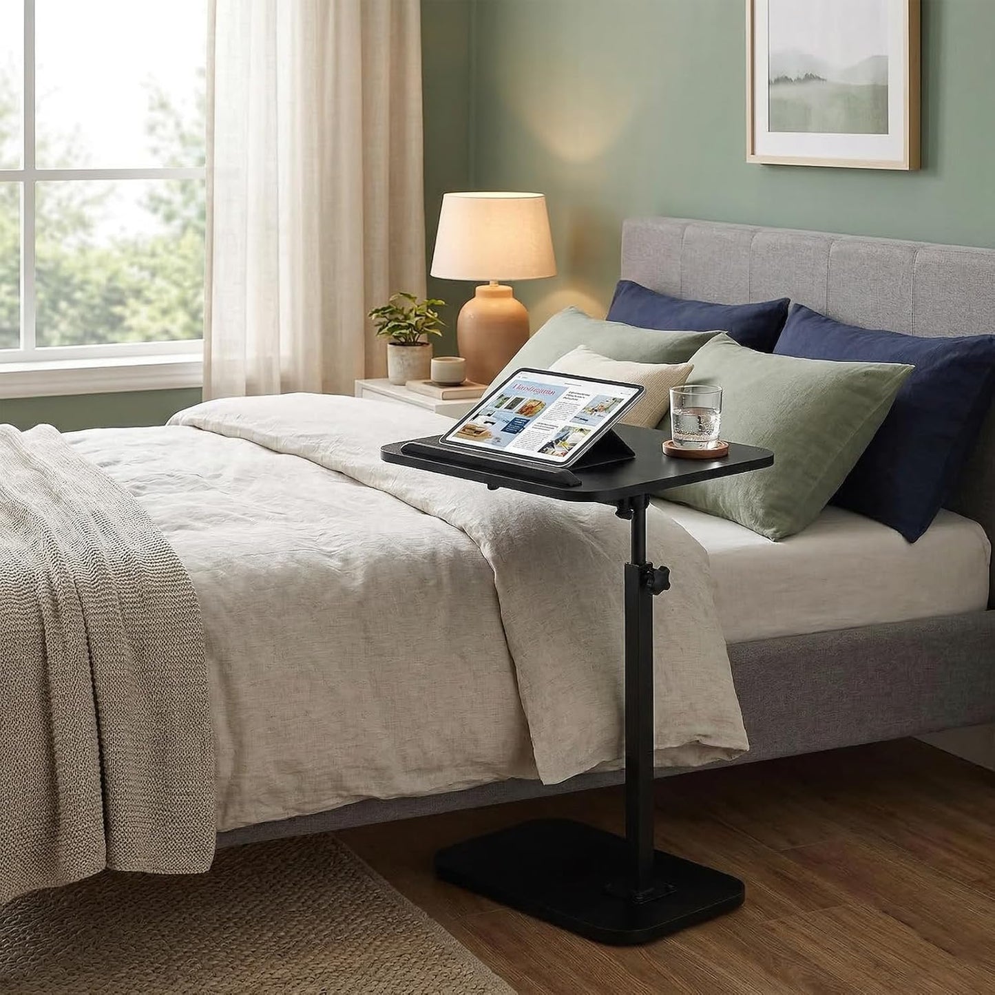 Sofa Arm Tray Table Angle Adjustable 360°Swivel Height Adjustable End Table Laptop Stand for Couch Recliner C-Shaped Table for Bed Chair or TV Tray Table Black