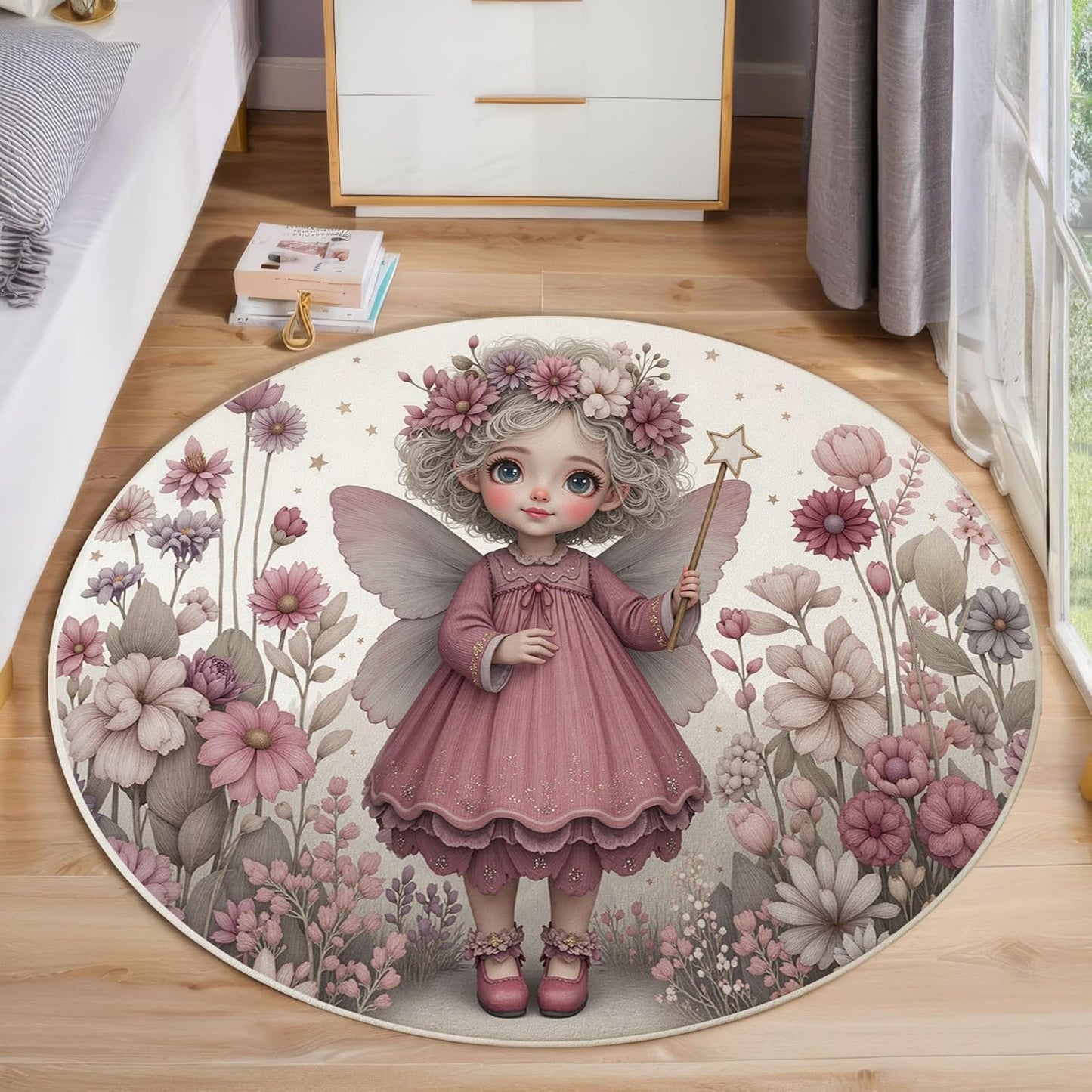 4Ft Round Washable Rug - Large Area Rug for Living Room Dining Room, Pink Gray Soft Bedroom Carpet with Cute Flowers Fairies Pattern, Fairy Tale Illustration Décor, Low Pile Stain Resistant