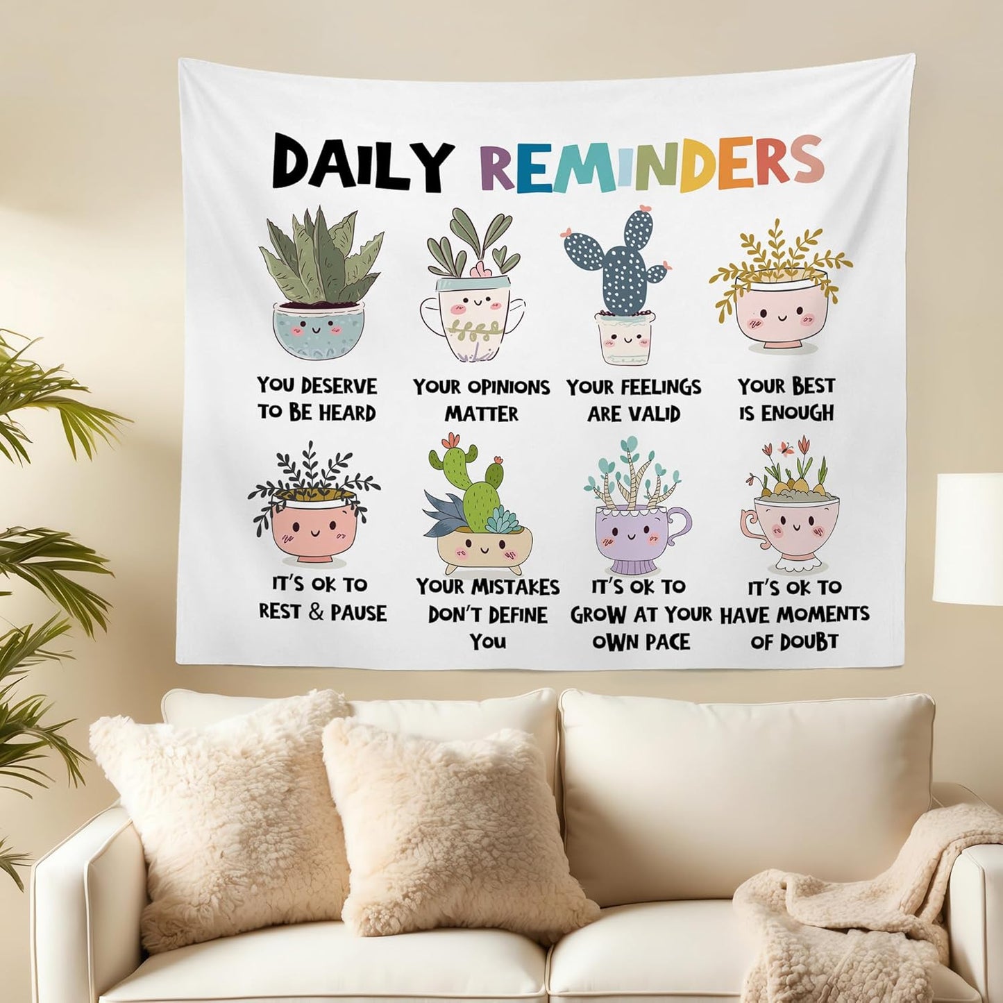 MNOSAIOO Mental Health Floral Wall Tapestry Hanging for Classroom Kids, Daily Reminders Tapestry, Inspirational Cute Cacti Tapestries Wall Decor for Bedroom Therapy Office School Counselor 60x50 inch