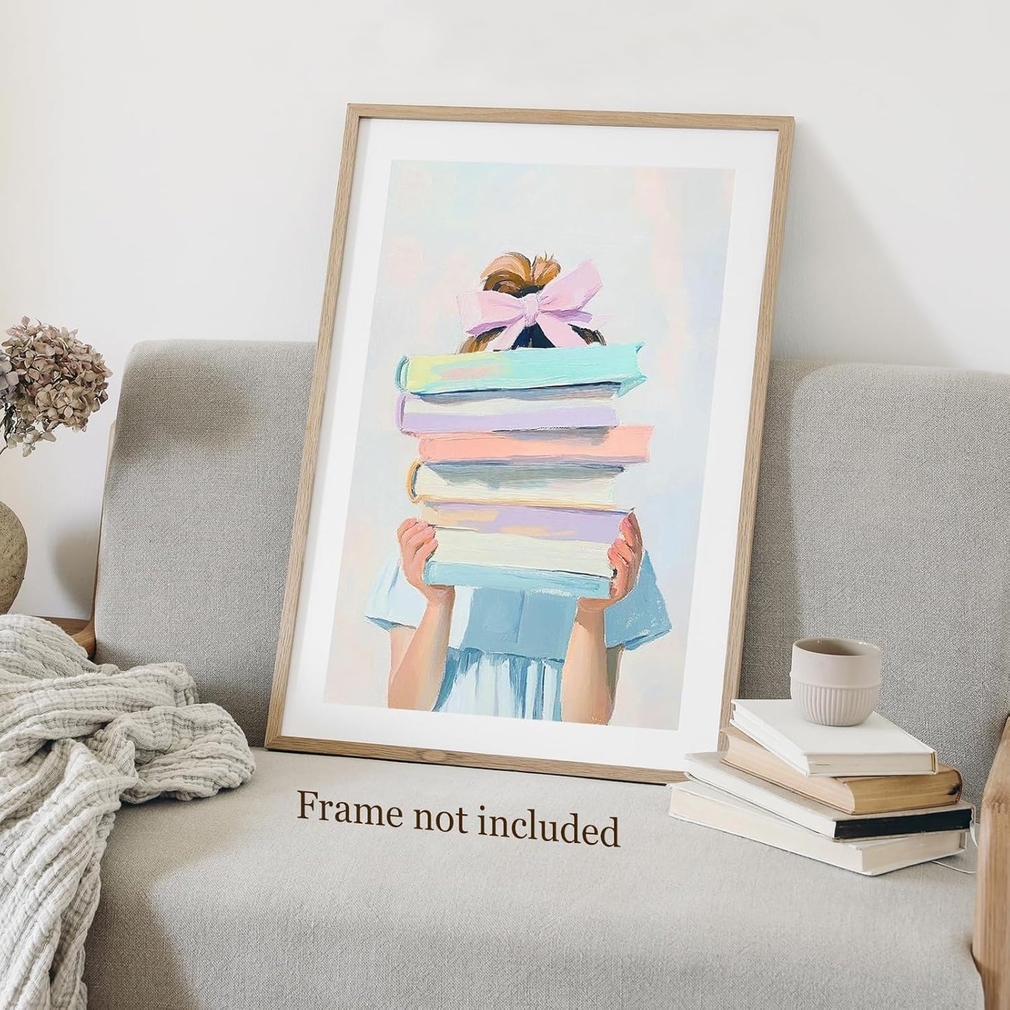 Little Blonde Girl With Stack of Books Canvas Wall Art Poster - Pink Bow Girl Reader Library Wall Decoration Aesthetic Poster for Nursery Girl's Room Decor 12x16in Unframed