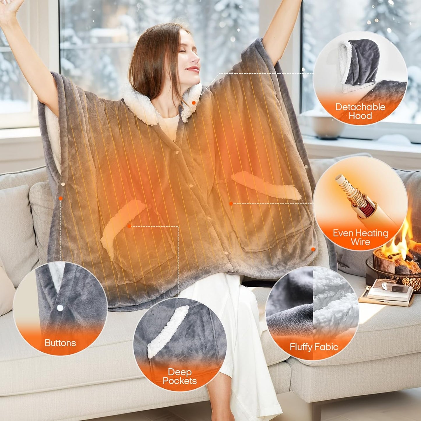 UNIKOME Wearable Heated Throw Blanket Electric Shawl，Christmas Birthday Gifts for Grandma,Mom,Elderly Women,Heated Robe Hoodie with 10 Heating Levels & 1-8 Hours Time Settings,50 x 60 Inch, Grey