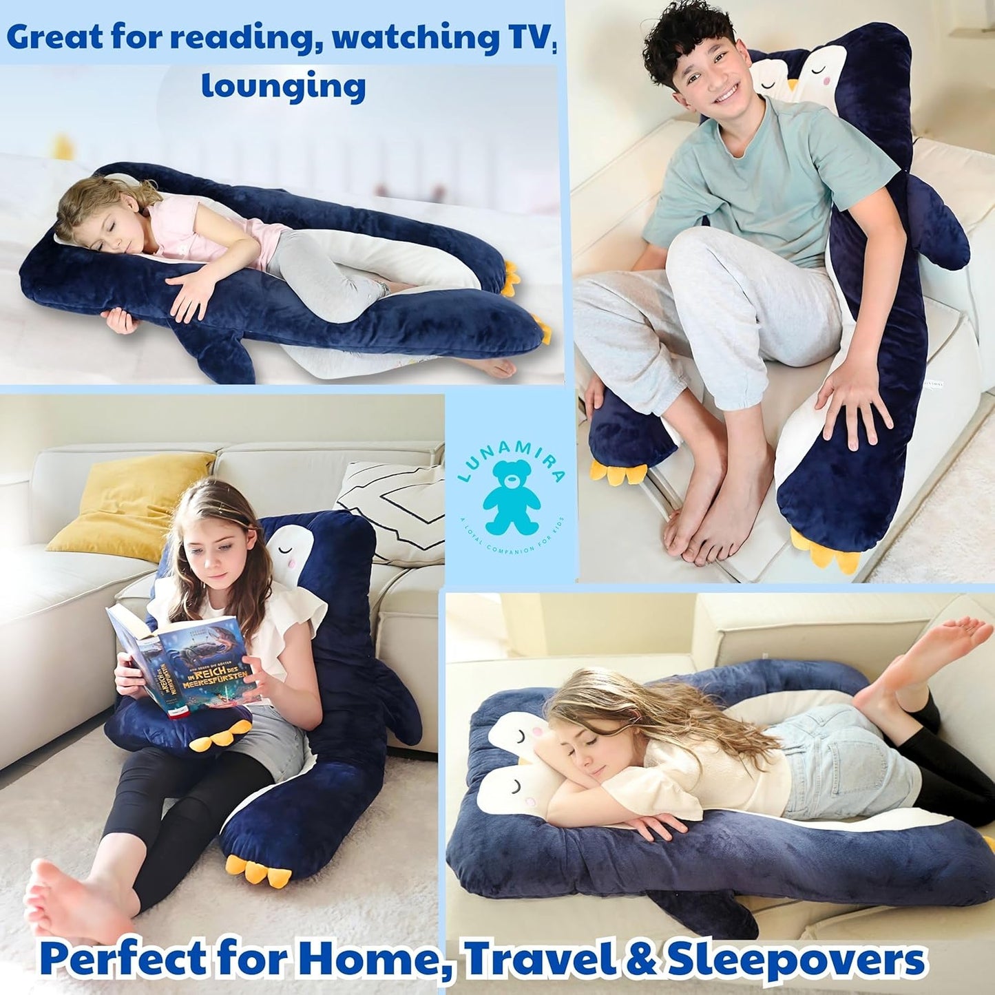 LUNAMIRA Penguin Kids Body Pillow - 47" U-Shape Long Plush Animal Pillow for Kids, Sleeping, Reading, ADHD & Special Needs Comfort, Anxiety, Washable Cover, Snuggle Fun Cuddle Gift for Boys & Girls