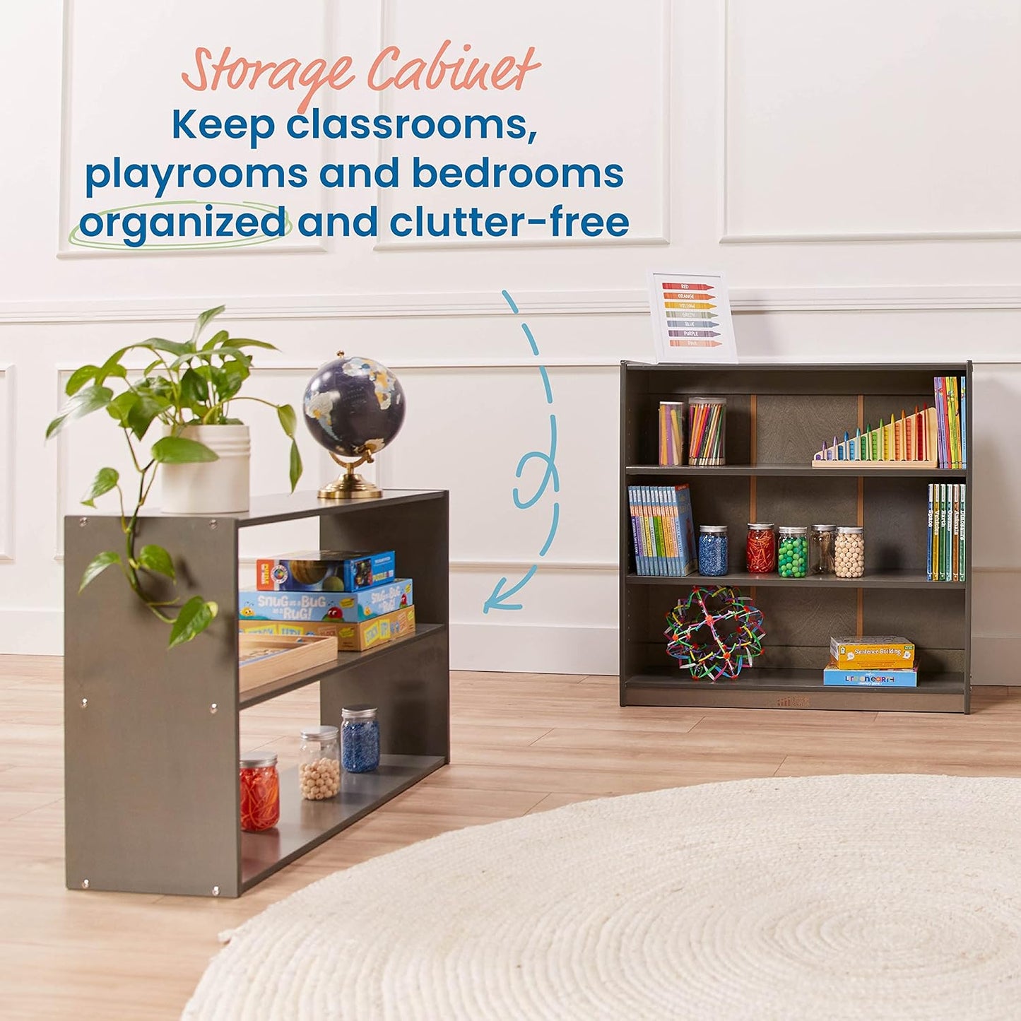 ECR4Kids Streamline 2-Shelf Double-Sided Storage Cabinet, 24in, Classroom Furniture, Grey Wash