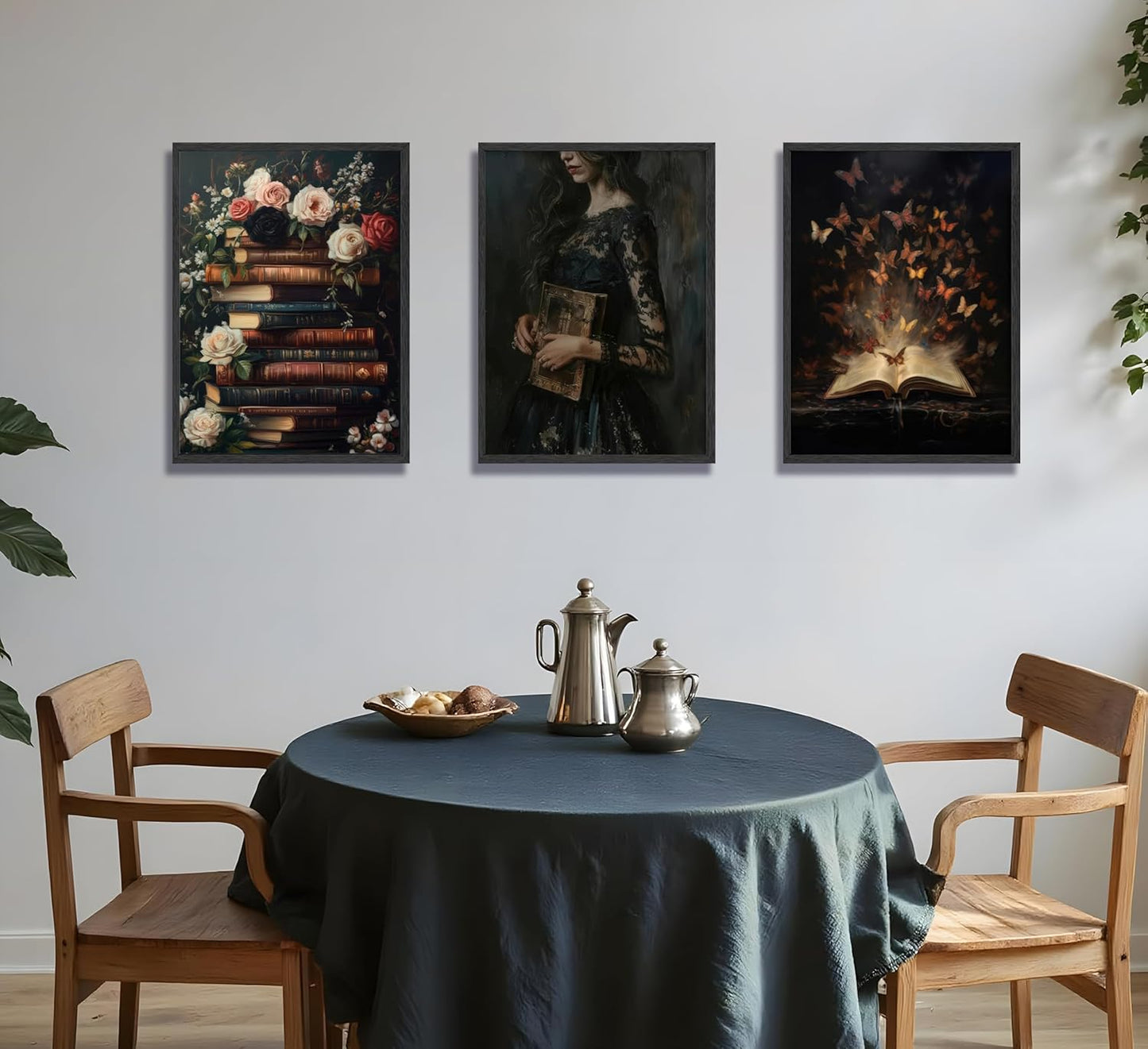 3Pcs Victorian Reading Wall Art Vintage Floral and Book Reading Posters a Mysterious Woman and Butterfly Wall Decoration a Dark Academic Aesthetic Canvas Painting Prints for Bedroom or Study Decor (Unframed)