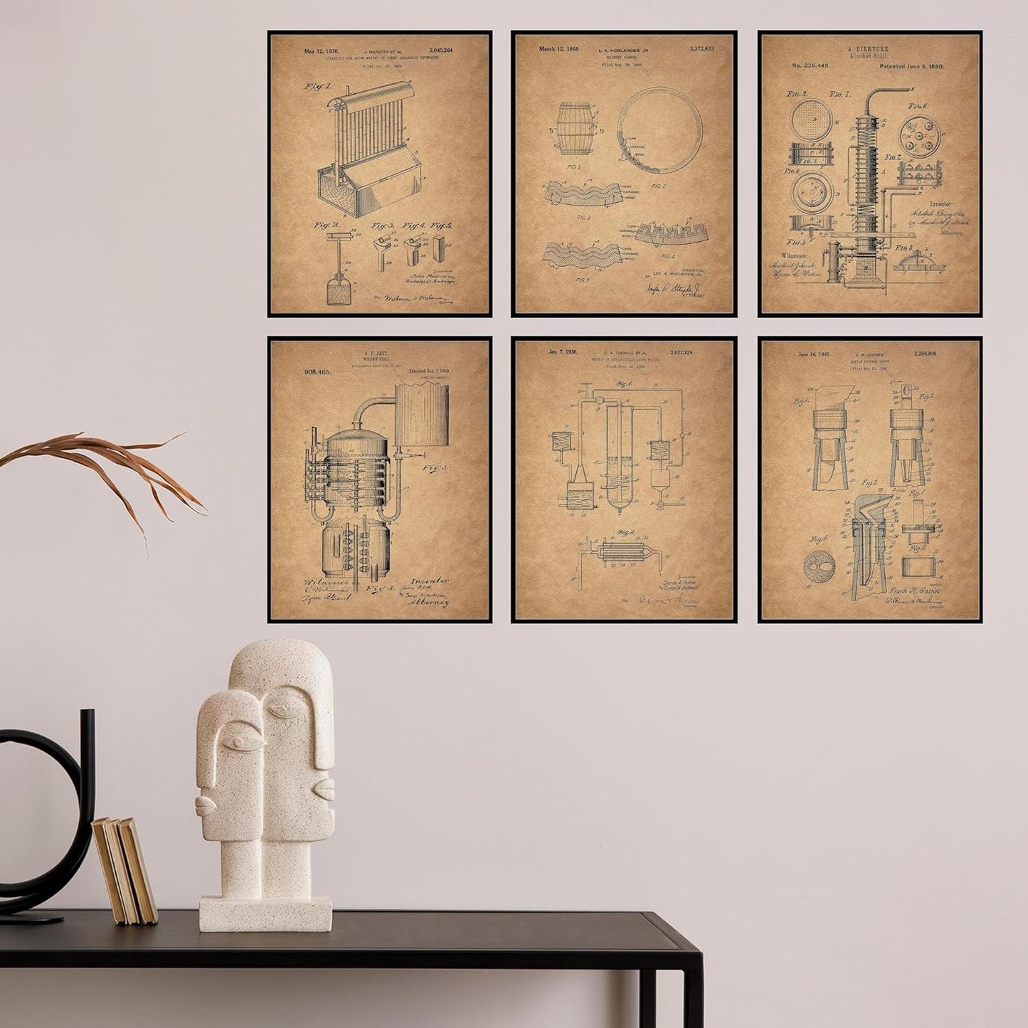 BigWig Prints Whiskey Patent Wall Decor - Bar Art for Home, Whiskey Decor, Bourbon Wall Artwork for Home, Vintage Alcohol Poster, Bar Cart Art - Unframed Set of 6 (8x10”)