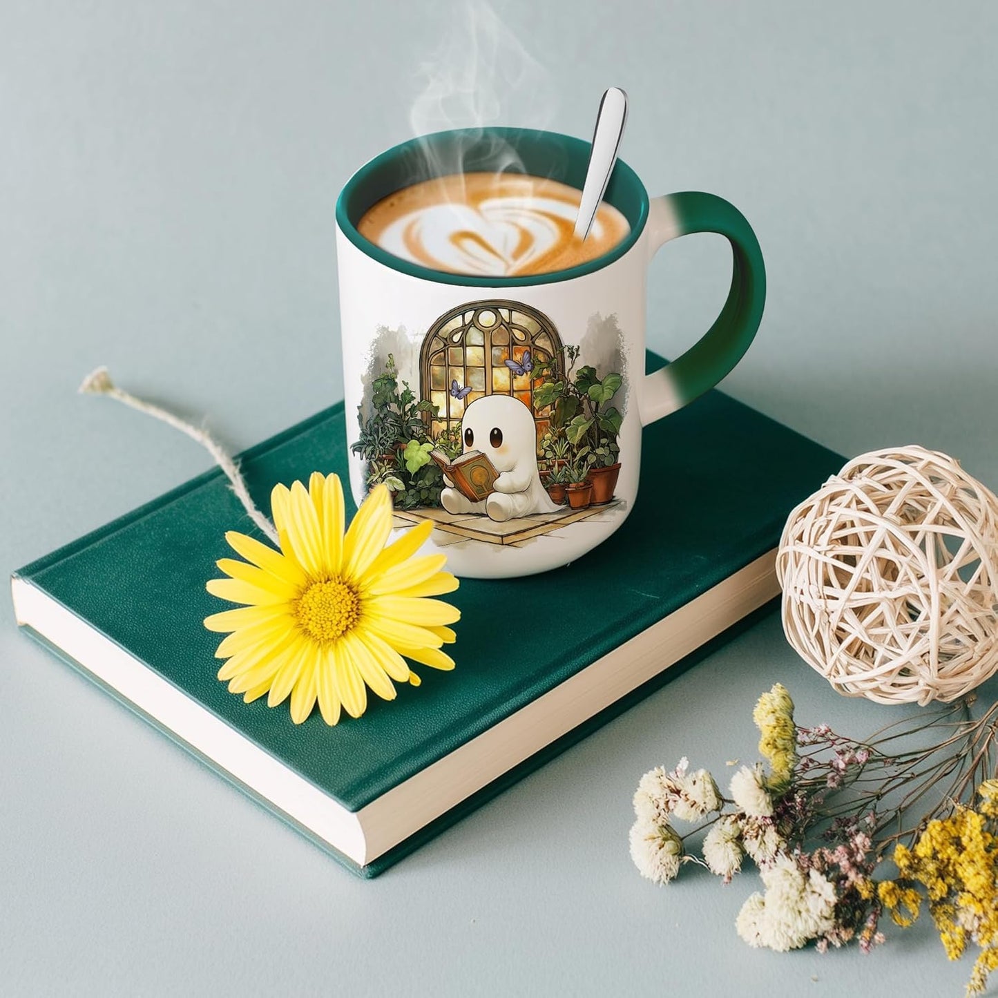 Hyturtle Cute Ghost Reading Coffee Mug with Spoon Gifts For Book Lovers, Plant Lovers On Birthday Christmas, Reading Cup Gifts For Girl Women, Book Club Gift Keepsake 11oz White Green Ceramic Tea Cup