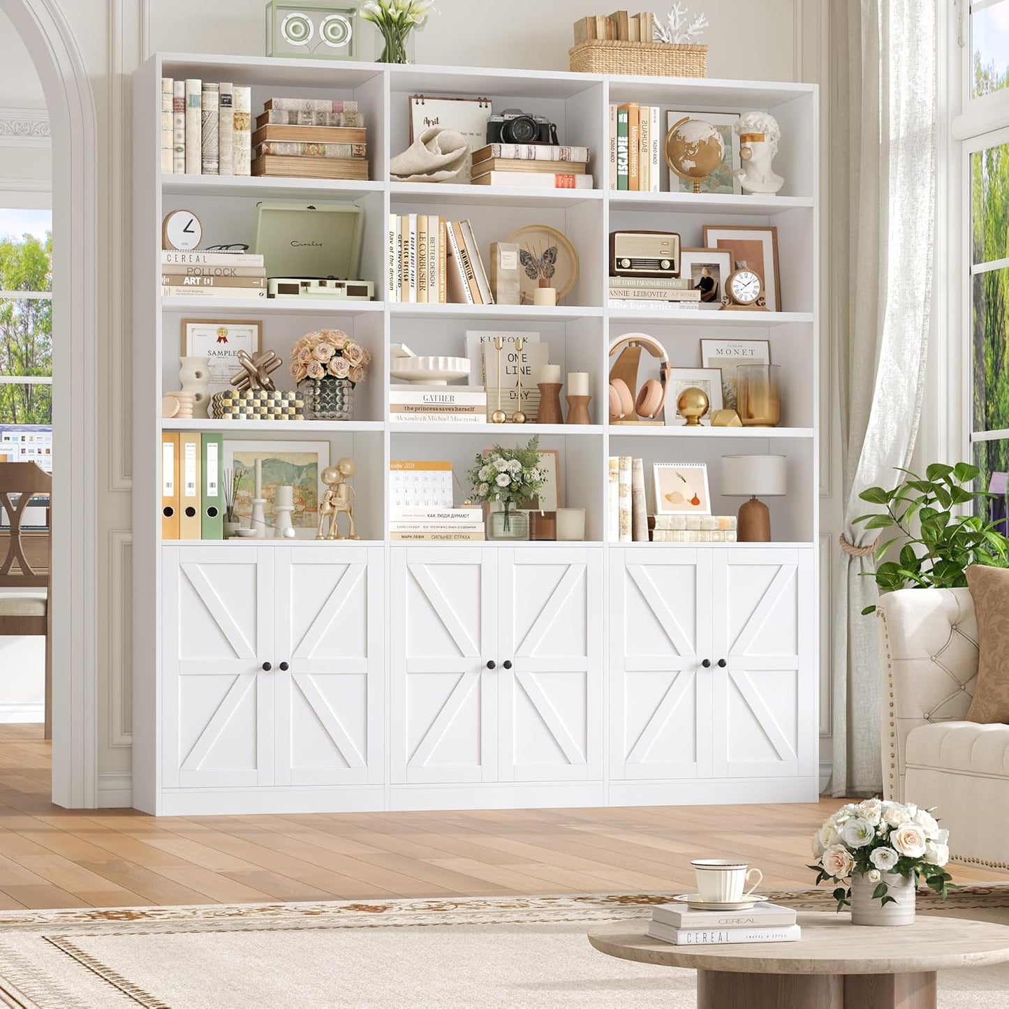FACBOTALL 75" Triple Wide Bookshelf, White Bookshelf and Bookcase with 6 Farmhouse Doors, 71" Wide 6 Tier Book Shelf with 18 Storage Shelves, Large Wooden Bookshelves, Tall Bookcase for Office, White