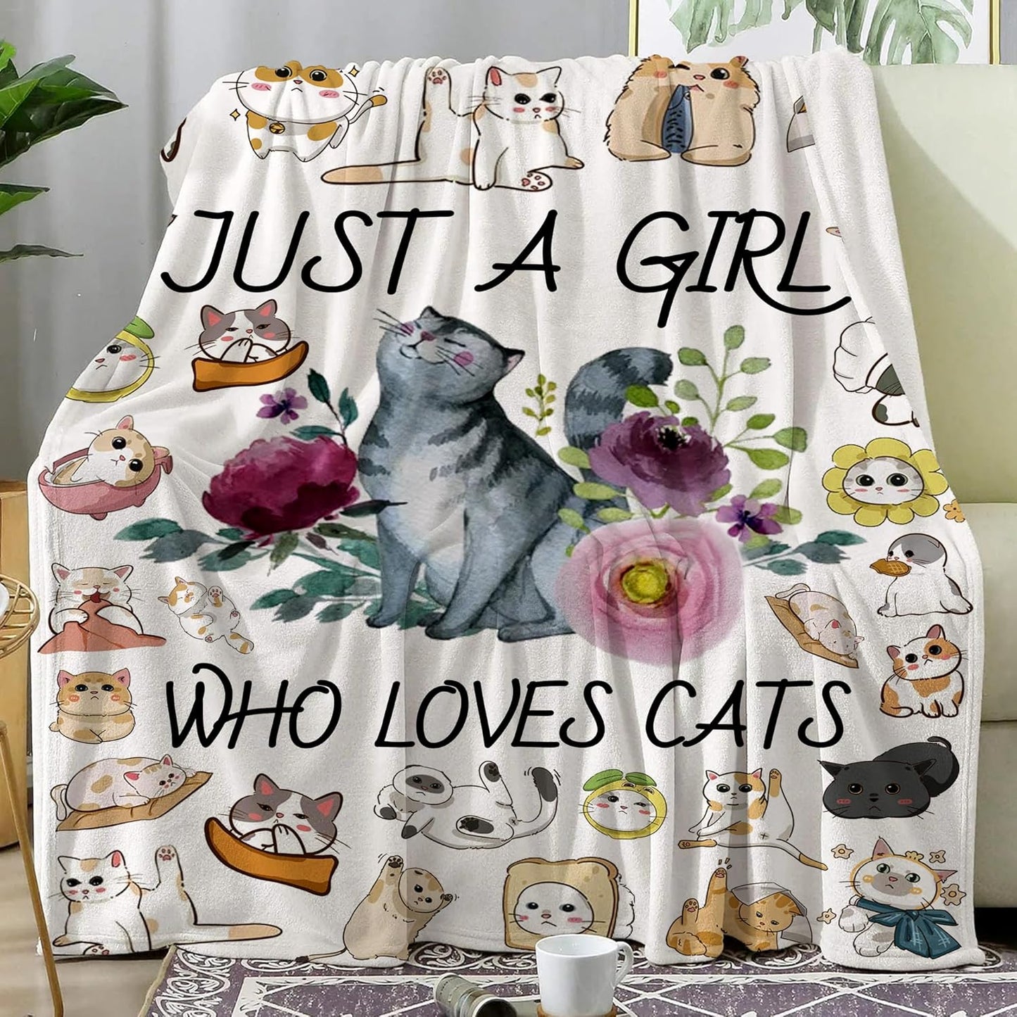 Cat Blanket Ultra Soft Flannel Throw Blanket Just a Girl Who Loves Cats Blankets Cats Gifts for Cat Lovers Cozy Lightweight Blankets for Women Kids Adults 50"X 40"