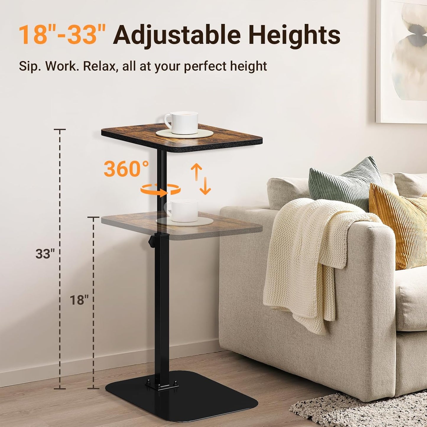 ELYKEN TV Tray Table, C-Shape Couch Desk, 360° Swivel Side Table Height Adjustable, Laptop Stand for Couch Recliner, Small Bedside Tables, Rustic Brown