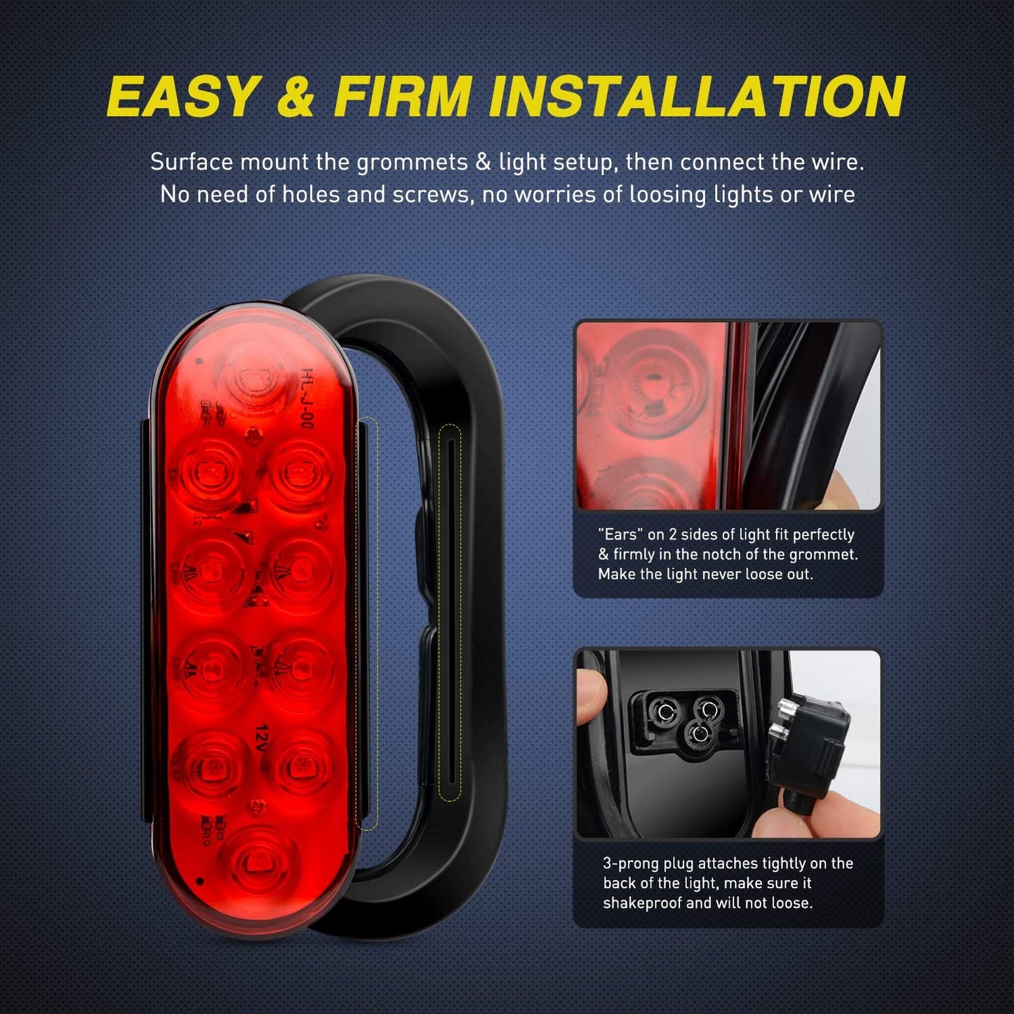 Nilight - TL-01 6" Oval Red LED Tail 2PCS w/Surface Mount Grommets Plugs IP65 Waterproof Stop Brake Turn Trailer Lights for RV Truck Jeep