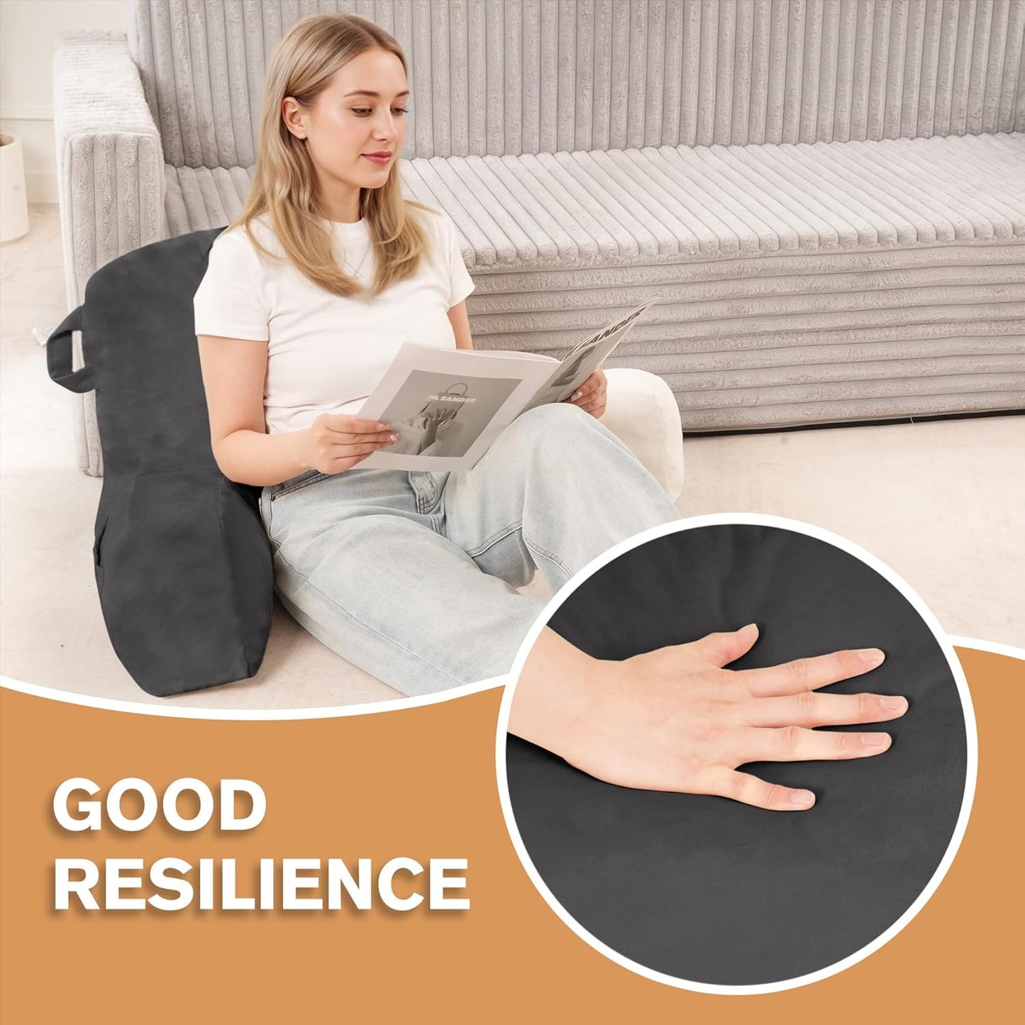 Portable Comfy Reading Pillows for Bed Sitting Up(Light Grey Oeko-Tex), Velvet Back Pillow with Arms & Pockets for Adults, Support Memory Foam Bed Pillow for Dorm/Reading/Watching/Gaming