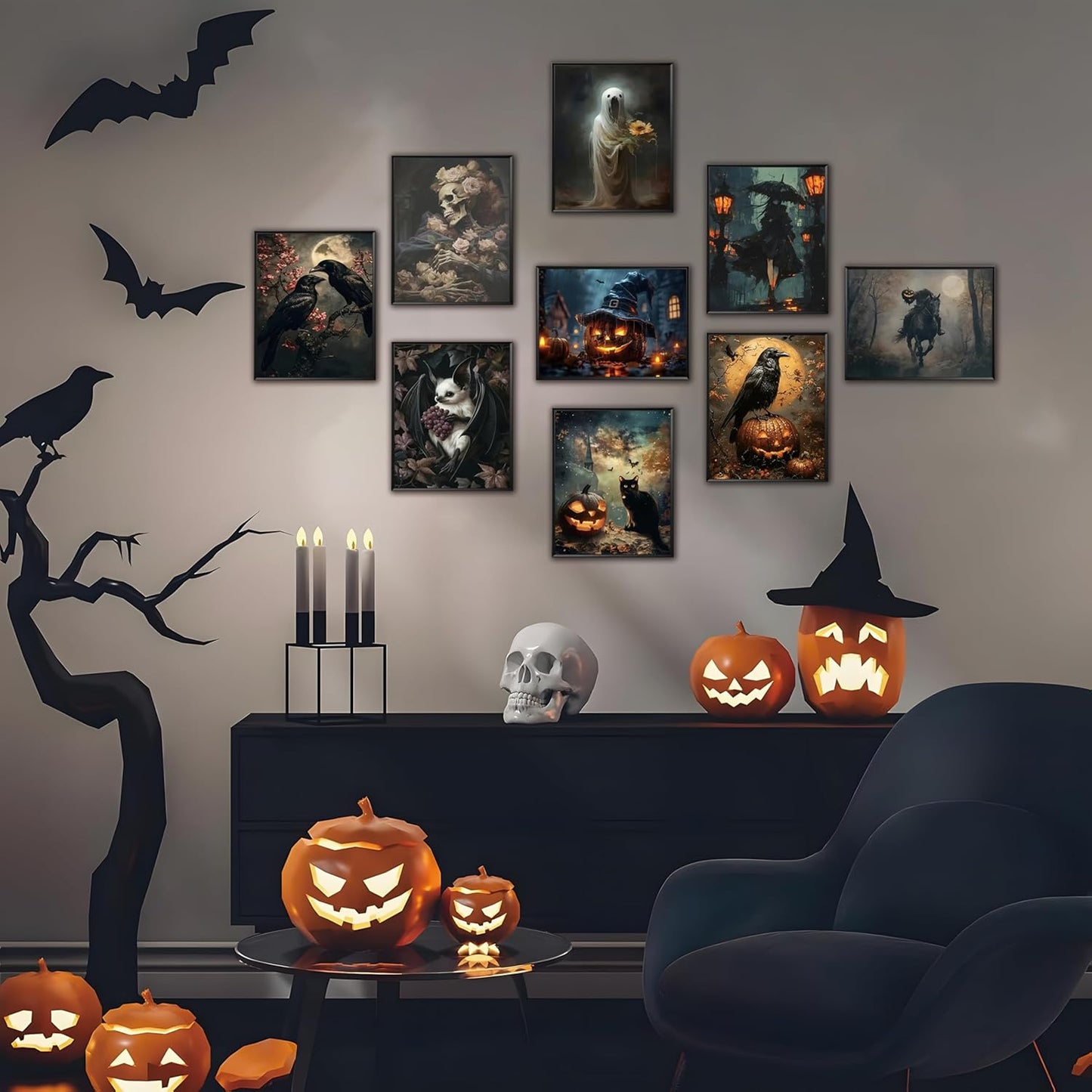 ARKZSHO Halloween Wall Art Canvas Prints Set of 9, Dark Academia Wall Decor Painting, Gothic Spooky Aesthetic Picture for Gallery Living Room Bedroom Office Decor 8x10 inch Unframed