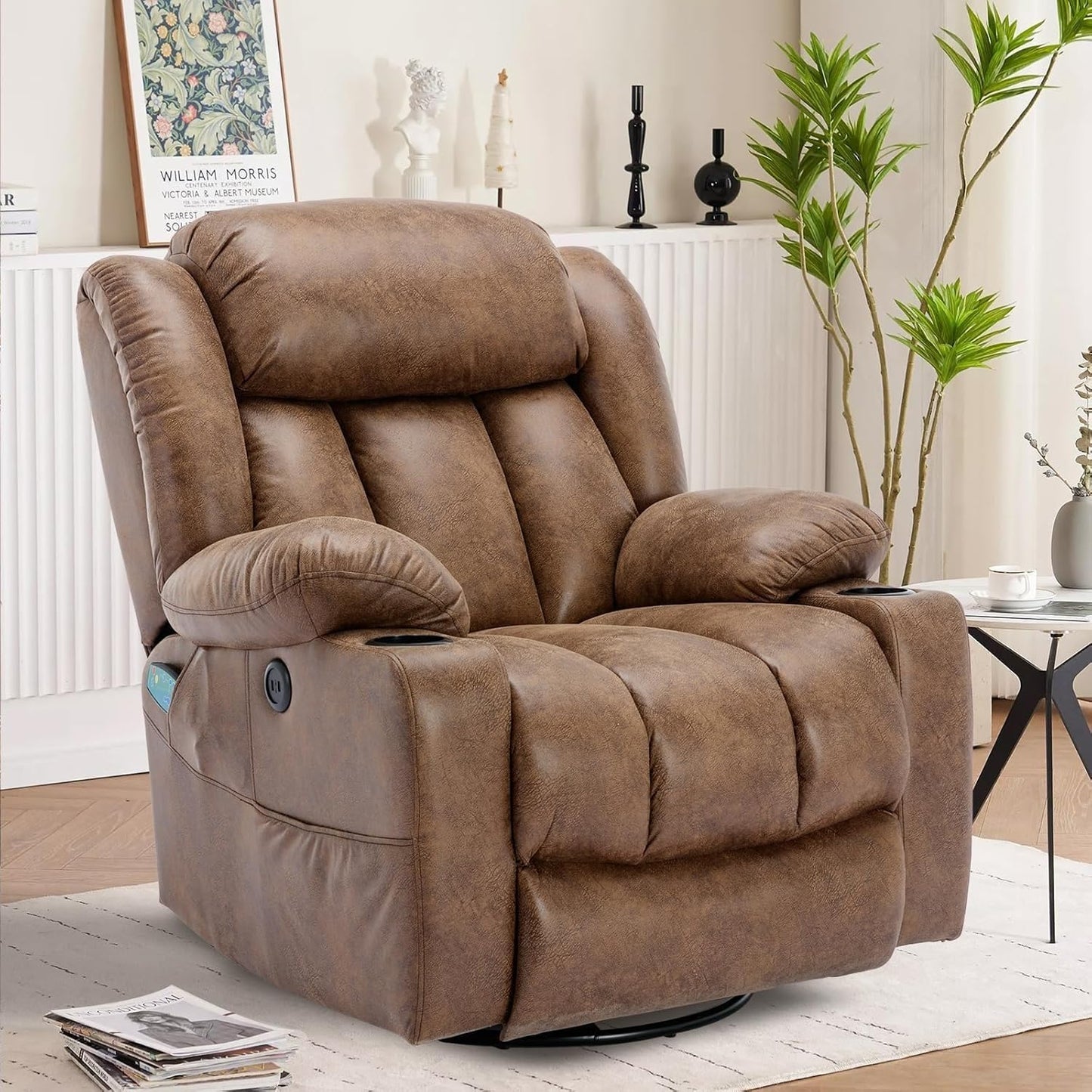 Power Recliner Chair with Heat and Massage, 360 Degree Swivel Rocking Glider Recliner for Living Room, Recliner with 2 Cup Holders, USB Ports & Side Pockets for Adults