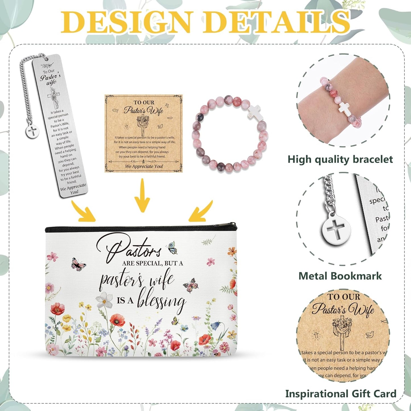 Pastor Wife Appreciation Gifts, 3PCS Gift Set with Makeup Bag, Bracelet, Bookmark and Card, Christian Thank You Gifts for Pastor’s Wife Birthday Christmas October Month