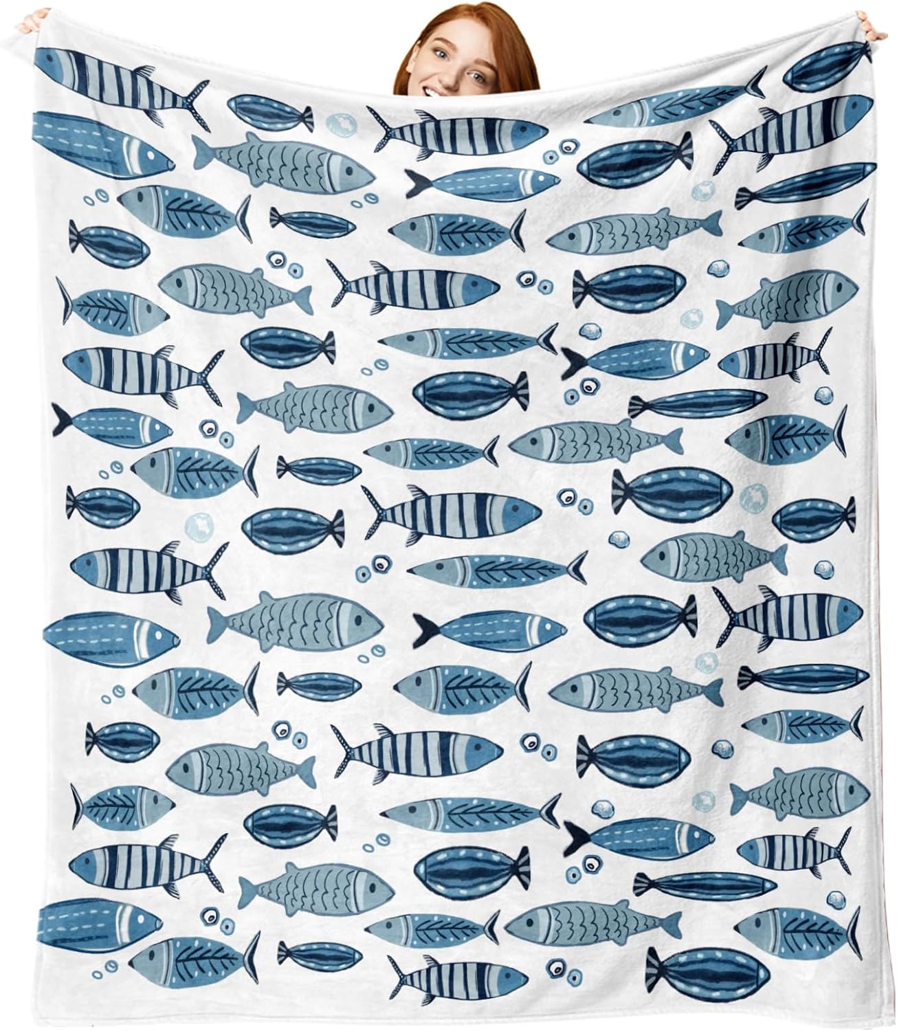 Coastal Blue Fish Theme Flannel Throw Blanket, Sea Ocean Birthday Gifts for Adults Kids Men Women, Beach Nautical Soft Blankets for Bedding Sofa 50" x 60"