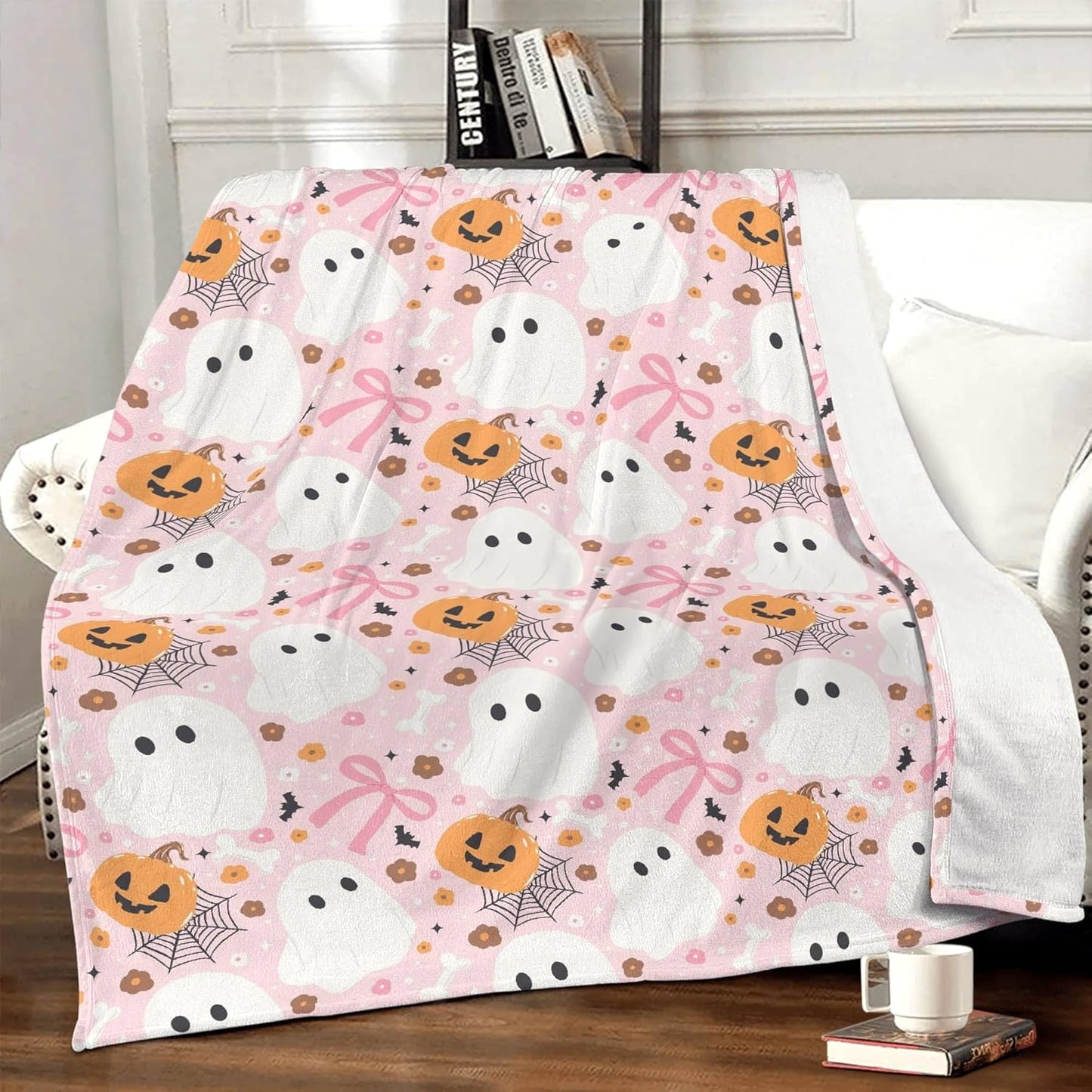 Halloween Pink Bow Ghost Throw Blanket,Halloween Flannel Blankets Throw,Soft Cozy Throw Blanket for Sofa Bed Living Room Holiday Party Decor,Throw Blankets for Women, Adults（50"x60"）