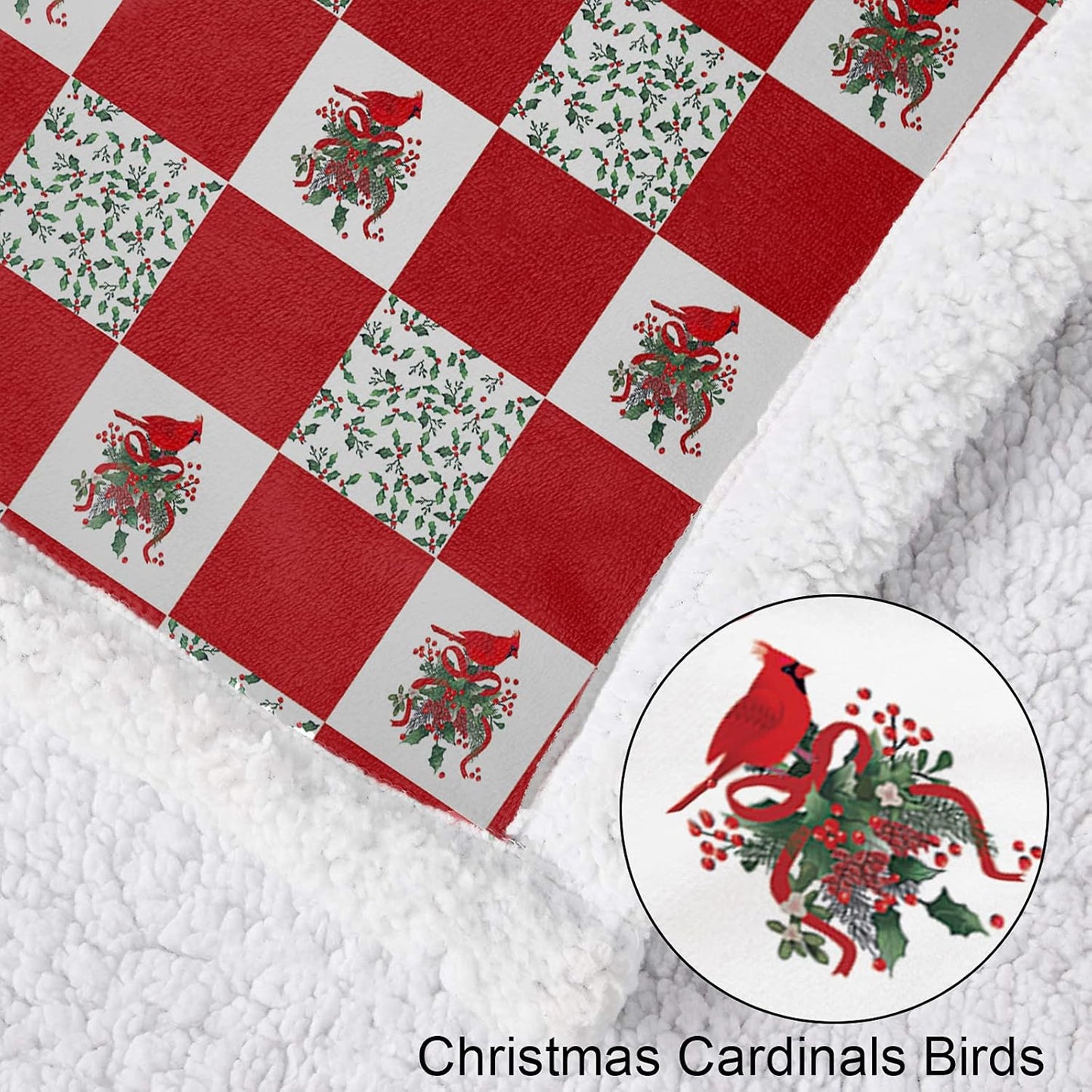 Sherpa Fleece Blanket Throw, Cardinals Birds Stitching Plaid Fuzzy, Soft Lightweight Breathable Bed Sofa TV Couch Blanket, Christmas Home Decor, 50'x60'