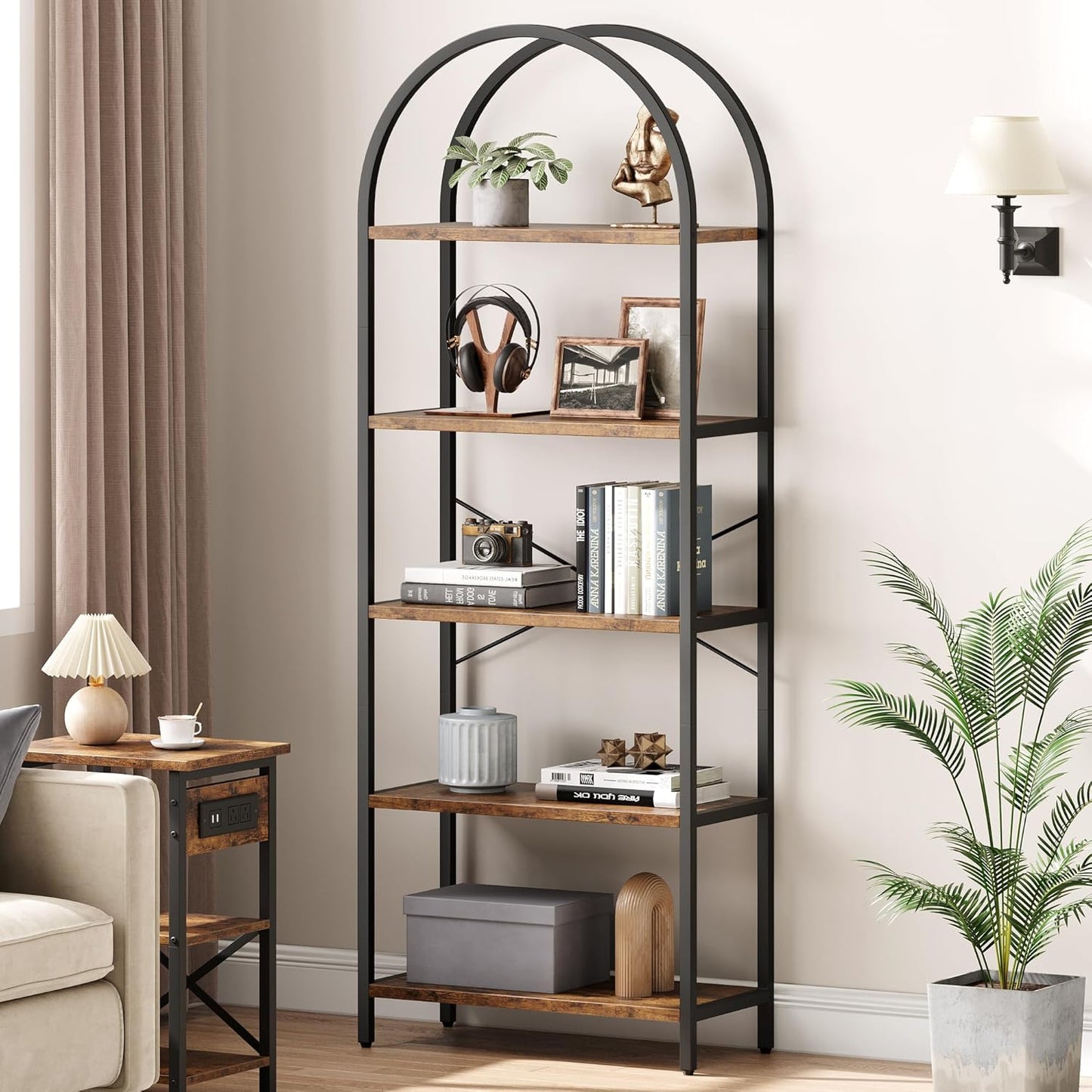 CABIHOME Bookshelf Tall Bookcase Arched Standing Bookshelves Modern Display Racks 5 Tier Storage Rack Shelf Large Wood Book Shelf for Bedroom, Living Room, Home Office