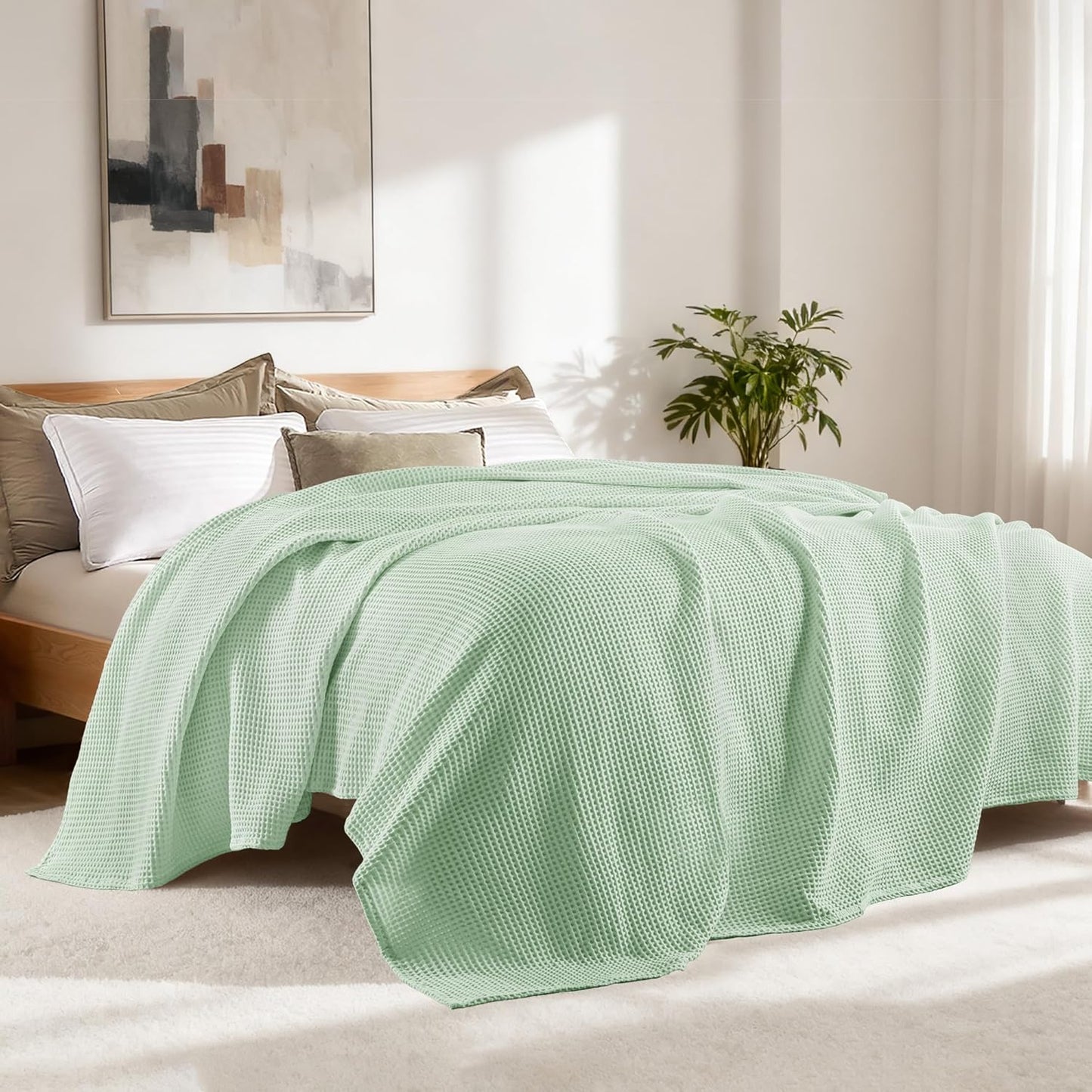 Exclusivo Mezcla 100% Cotton Waffle Weave Blanket King Size, Soft, Lightweight and Breathable Muslin Gauze Blanket for Bed, All Season, 90"x104", Sage Green