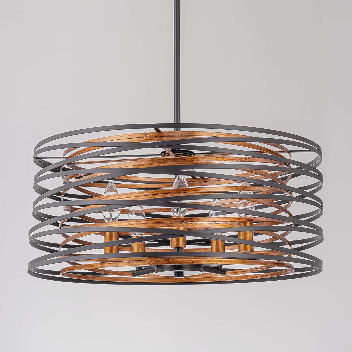 5-Light Farmhouse Drum Chandeliers, 2-Tiers Pendant Light Fixture for Dining Room, Living Room, Bedroom, Adjustable Height 17~47", Wood Texture & Matte Black Finish