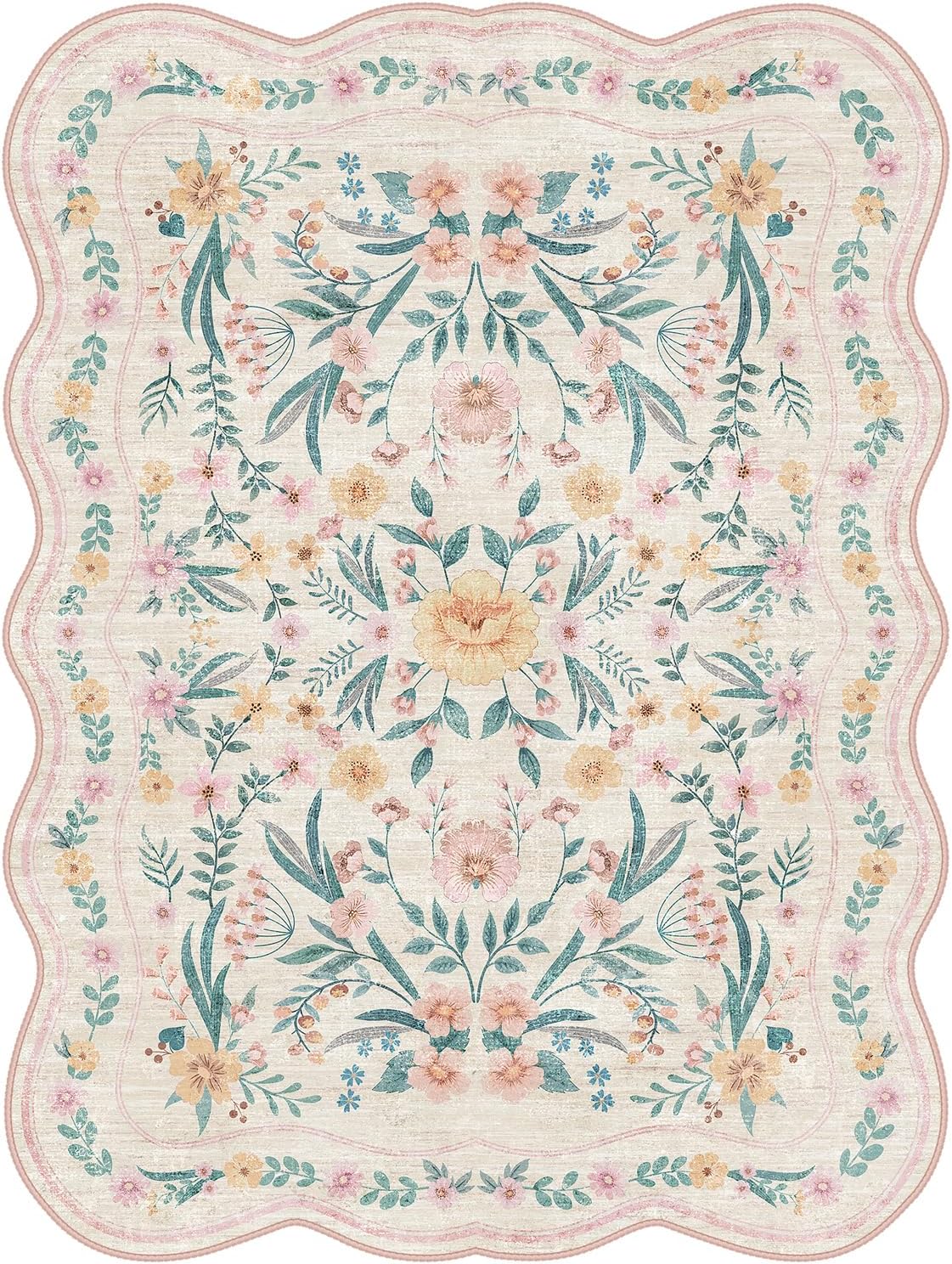 Pink Floral Rug 5X7 for Girls Bedroom or Nursery, Scalloped Washable Non-Slip Area Rug, Cute Soft Boho Carpet for Kids Room, Dorm, or Playroom