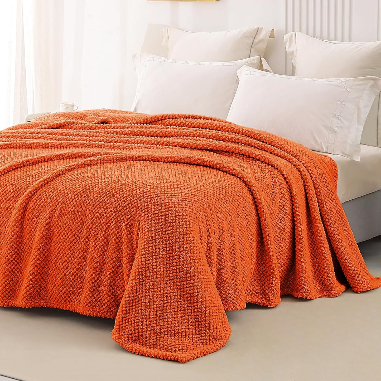 Whale Flotilla Twin Size Fuzzy Fleece Blanket, Fluffy Warm Soft Jacquard Bed Blankets for All Season, Lightweight and Cozy, 60x80 Inch, Burnt Orange