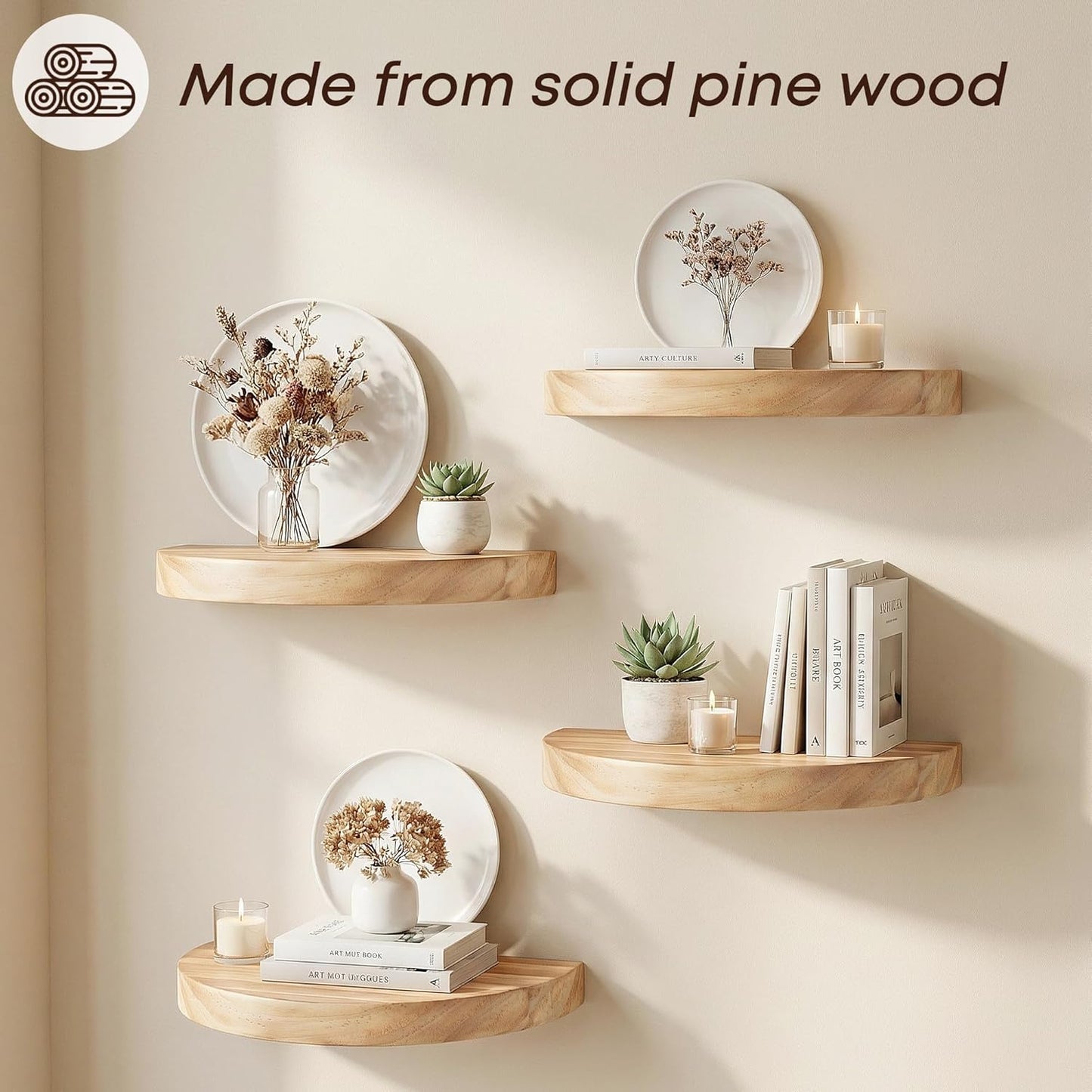 Small Wood Floating Shelves (2-Pack, 6-inch Diameter) - Round Sturdy Invisible Wall Mount Display for Small Plants,Toys,Bathroom,Living Room Storage & Modern Rustic Décor (Carbonized Brown)